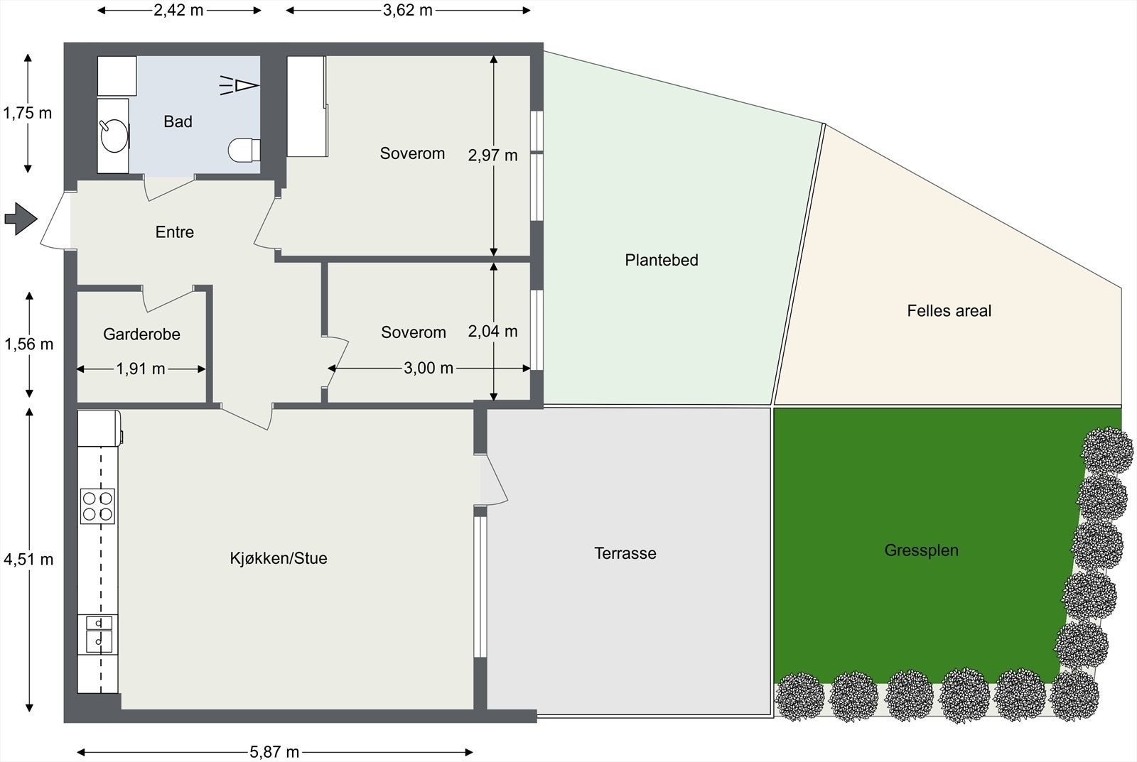 Plantegning (avvik kan forekomme). Eksklusiv bruksrett av terrasse og gressplen oppmålt til 30 m². Plantebed og fellesareal tilhører sameiet. Galleribilde