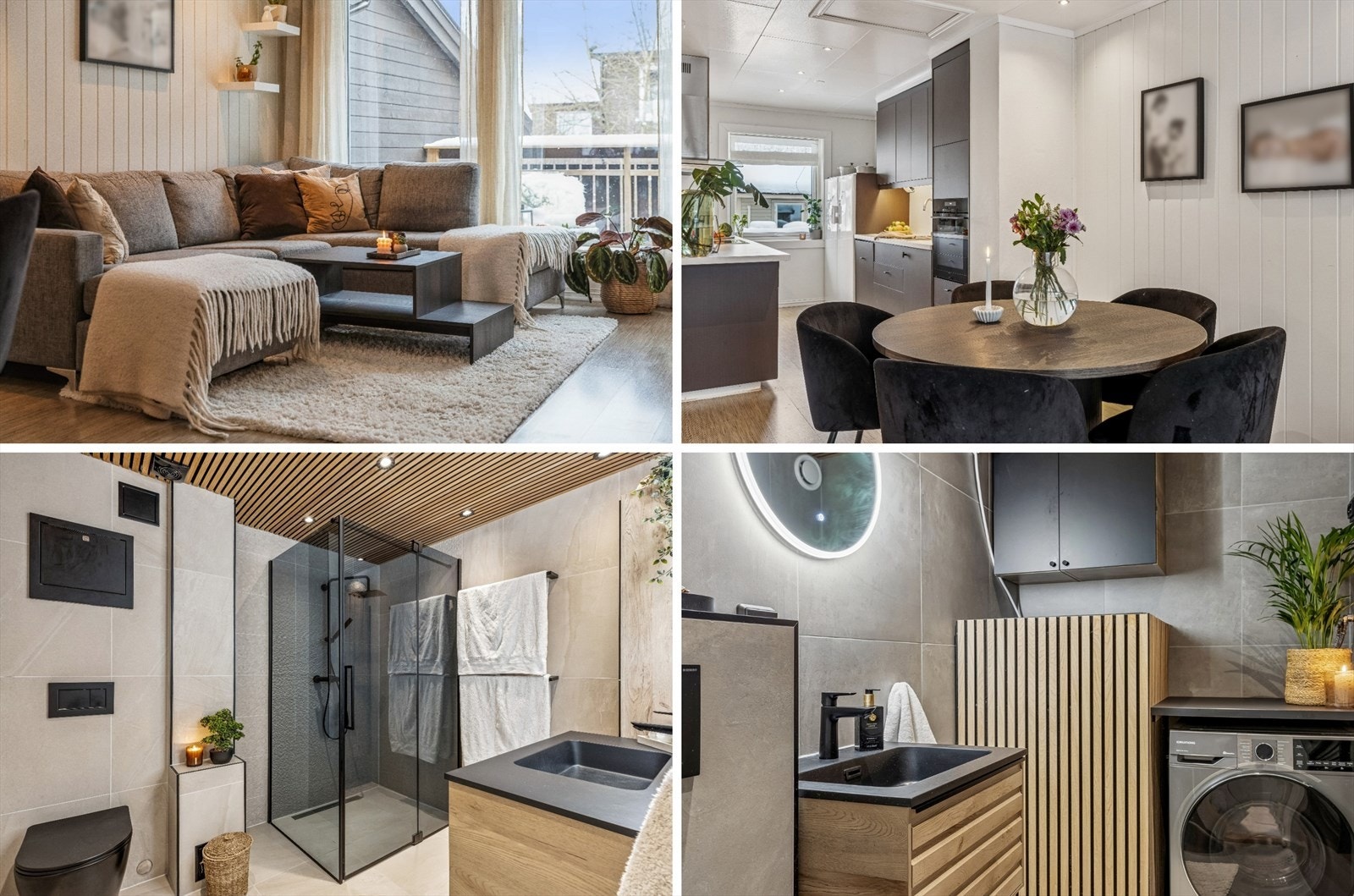 Velkommen til et lekkert og stilrent rekkehus på Åneby. Her har du bla. et pent bad og et eget vaskerom, begge fra 2022. Garasjeplass med lader like ved. Foto Efkt (Paul Smith). Galleribilde