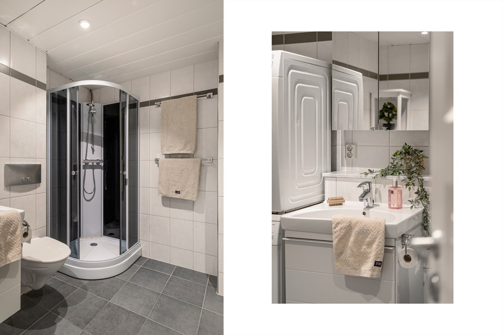 Baderommet er rehabilitert i Boligbyggelagets regi og er innredet med servant, veggmontert toalett, dusjkabinett og opplegg for vaskemaskin. Galleribilde