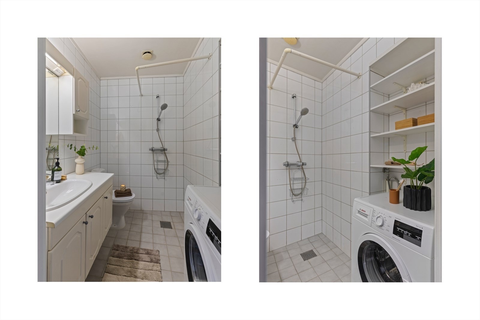 Flislagt bad med innredning av servant, toalett, dusj og opplegg for vaskemaskin. Elektriske varmekabler. Galleribilde