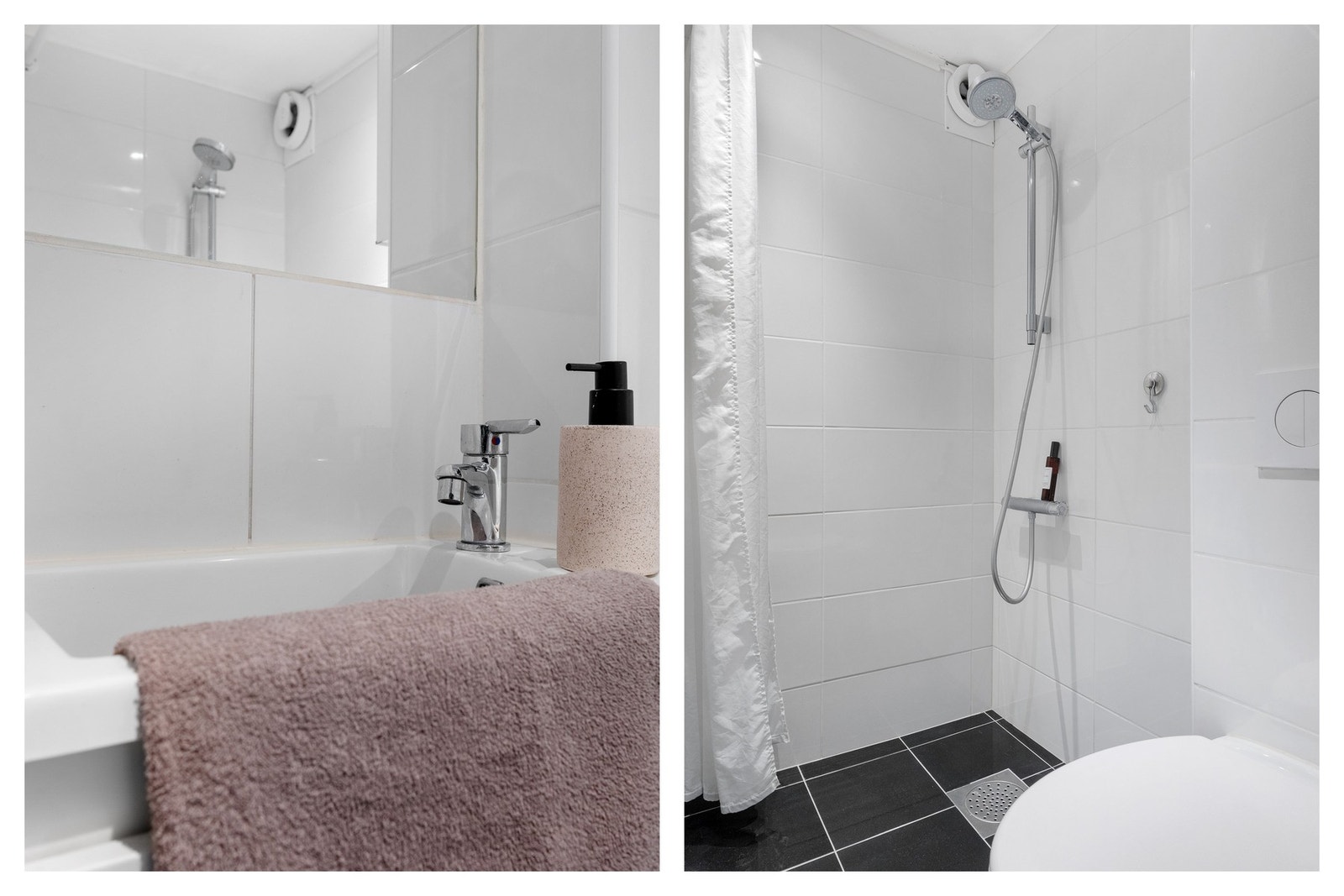 Utstyrt med servantmøblement med speil, belysning, vegghengt toalett og dusjgarnityr Galleribilde