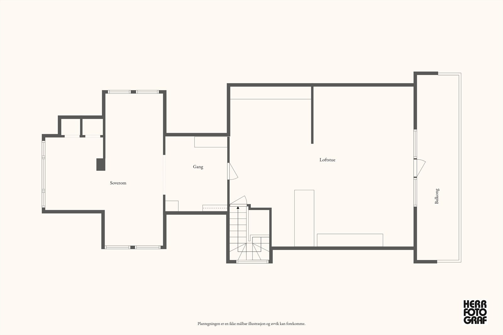 Plantegning av loftetasje - Soverommet er opprinnelig 2 soverom ihht til godkjente tegninger. Galleribilde