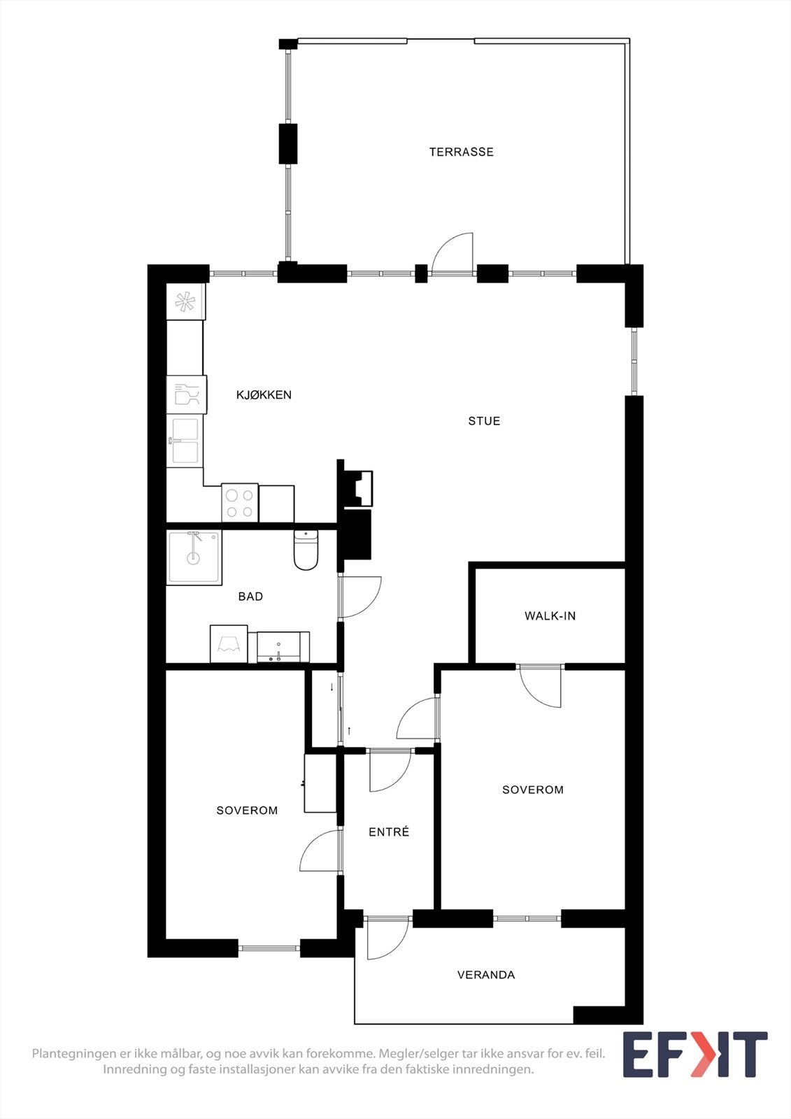 Leiligheten har en arealeffektiv planløsning som omfatter entré, to soverom, bad og åpen stue-kjøkkenløsning Galleribilde
