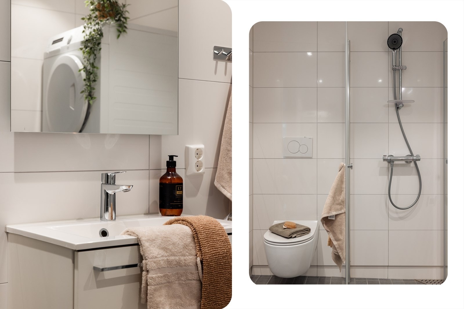 Badet er utstyrt med baderomsinnredning med nedfelt servant, vegghengt toalett dusj og opplegg for vaskemaskin Galleribilde