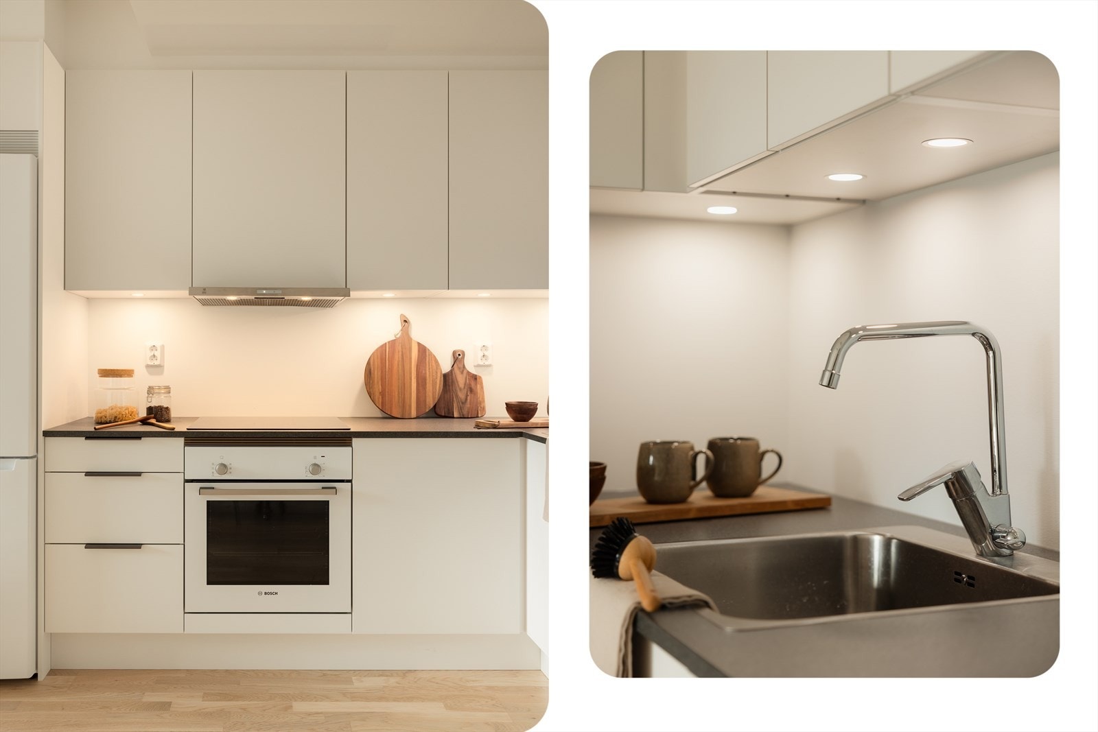 Kjøkkenet har godt med både skap- og benkeplass Galleribilde