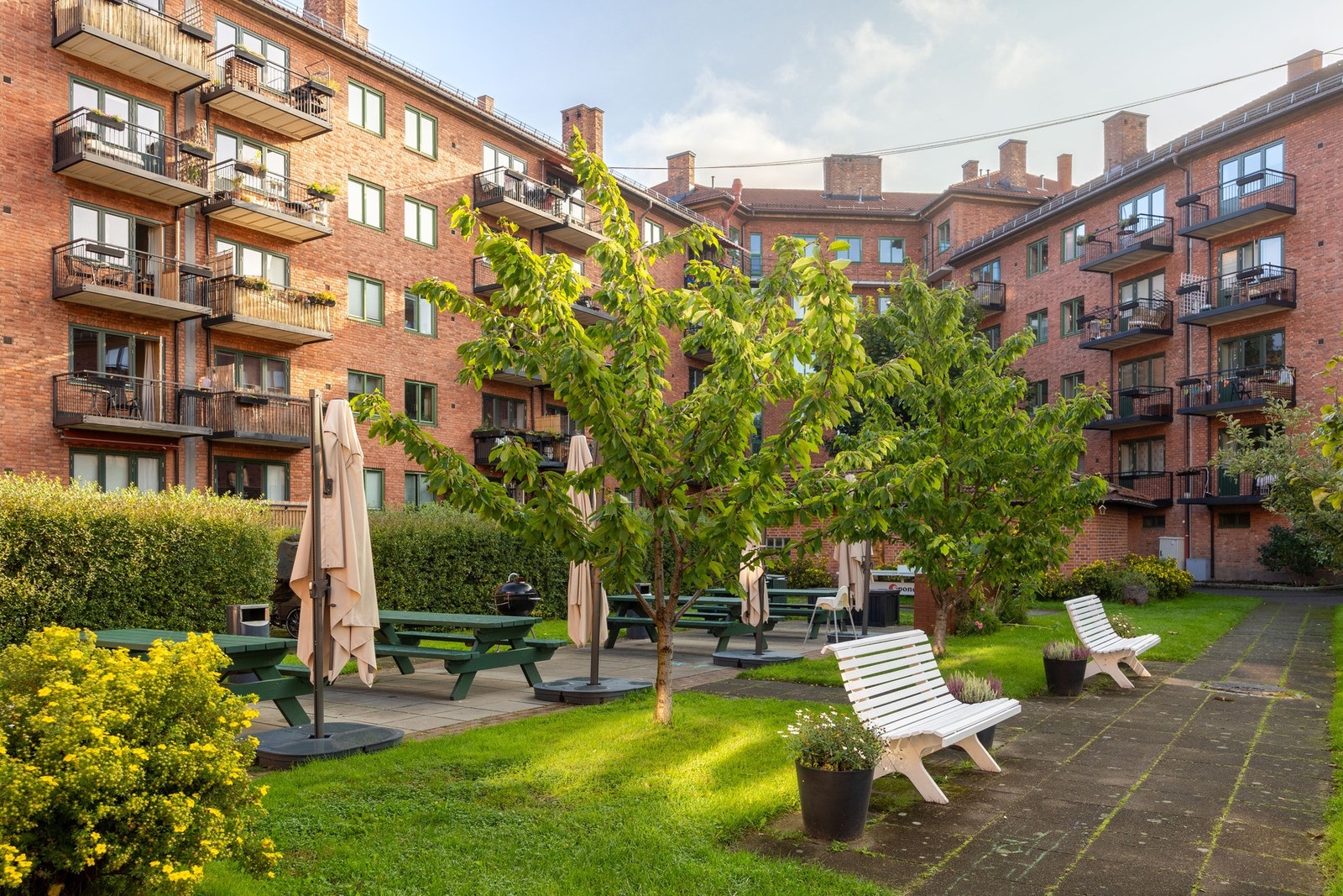 Nydelig felles bakgård som er omkranset av grøntarealer med lekeplass. Fotograf: Daniel Bergsagel Galleribilde