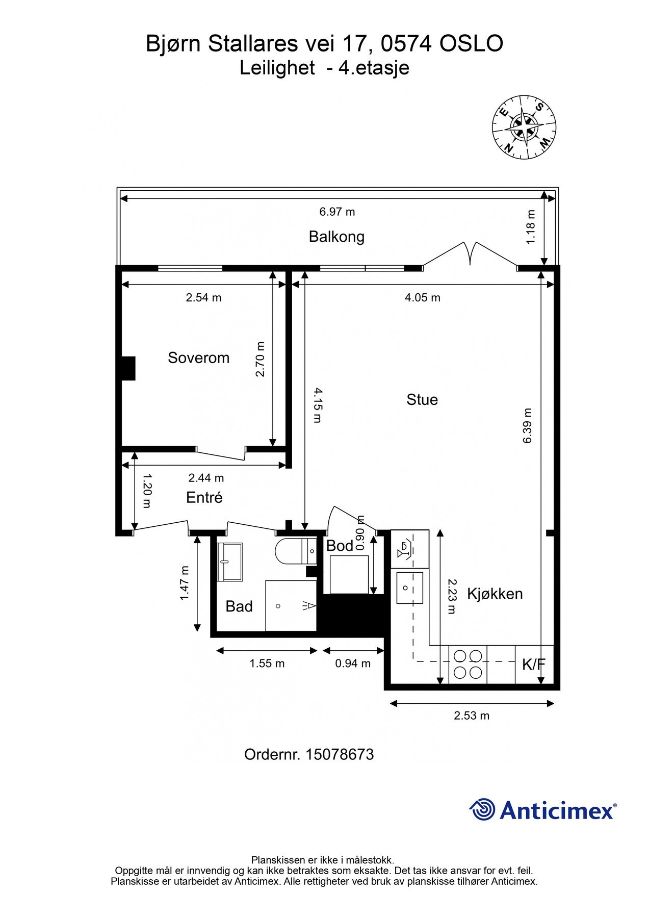 Vi tar en titt på plantegningen slik at du får orientert deg. Leiligheten disponerer også en bod i 1. etasje. Galleribilde