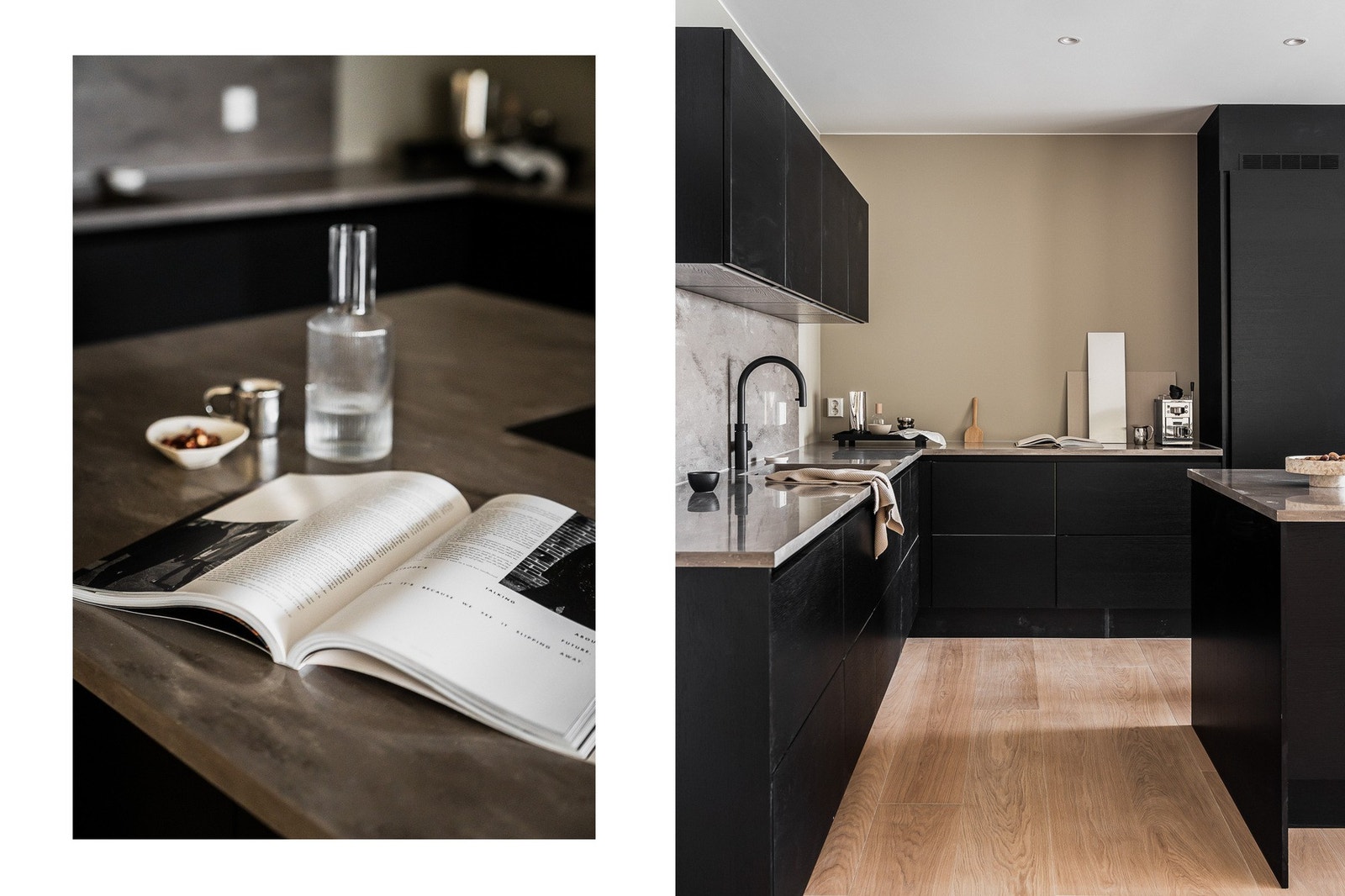 Benkeplate og kum i helstøpt Corian, samt sort Quooker kran med integrert kokende vann, kaldt vann og kullsyre vann, gir kjøkkenet et elegant og sømløst uttrykk. Galleribilde