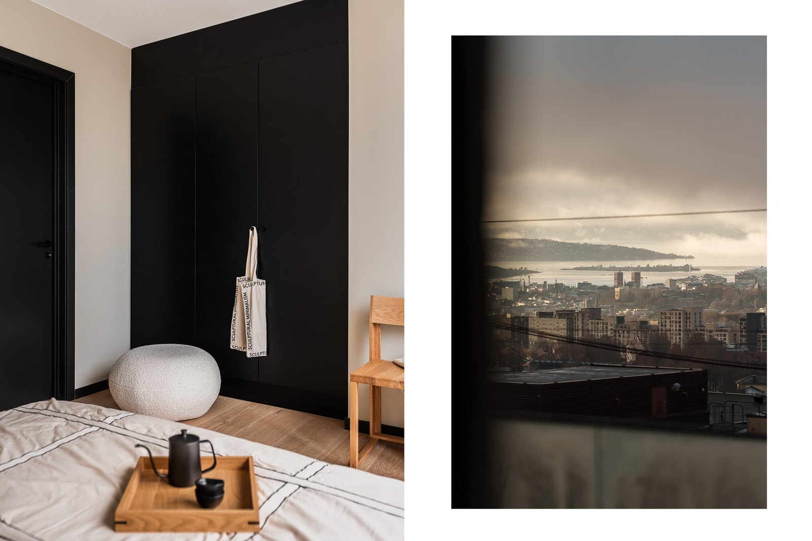 Plassbygde garderobeskap fra gulv til tak gir rikelig med oppbevaringsplass. Galleribilde