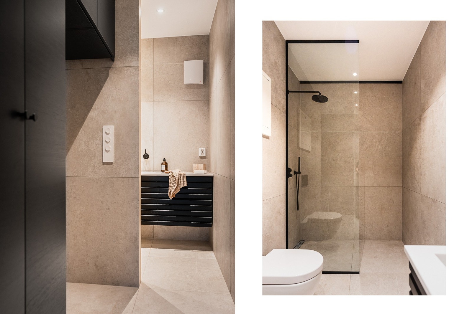 Det andre badet har dusjsone med glassvegg, vegghengt toalett, baderomsinnredning med skuff og servant. Rommet har også vaskeromsfunksjon, med plassbygget skapinnredning og nisje for vaskemaskin og tørketrommel. Galleribilde