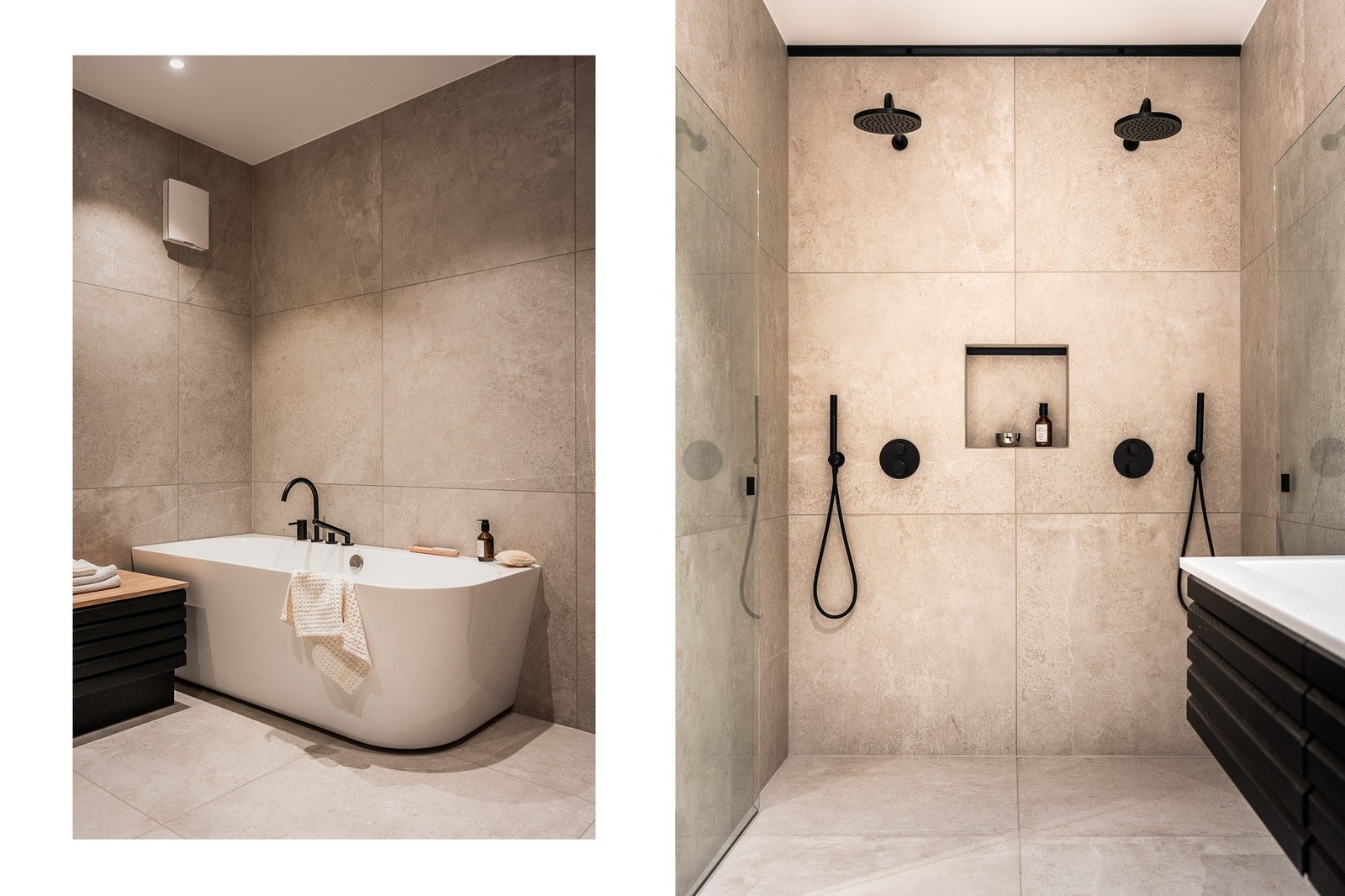 Badet er utstyrt med både badekar og en romslig dobbeldusj med rennesluk. Galleribilde