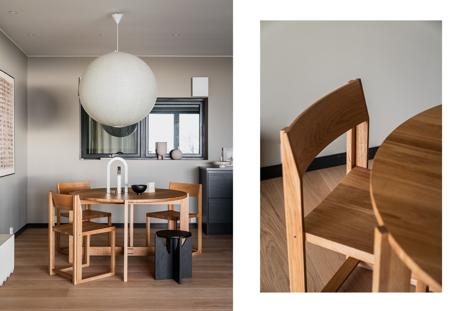 Gjennomgående 1-stavs parkett og malte flater gir et helhetlig og tidsriktig preg. Galleribilde