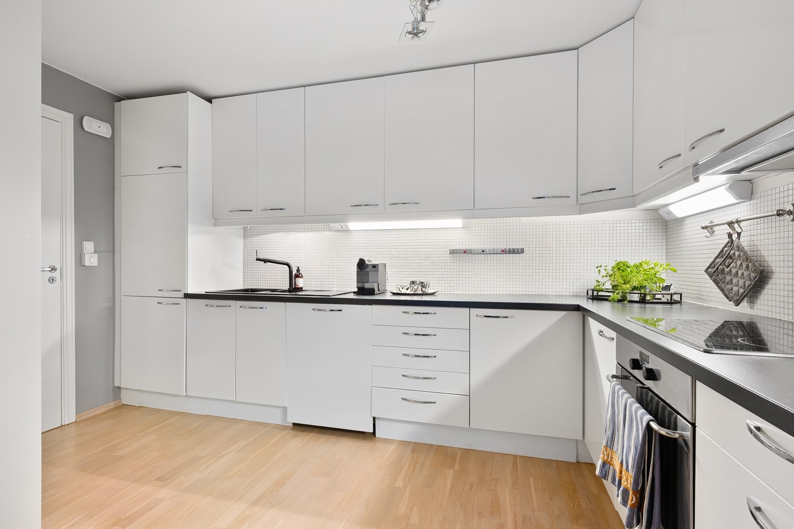Lys og velholdt kjøkkeninnredning med glatte fronter fra 2024. Kullfilterventilator. Stekeovn, platetopp, oppvaskmaskin og kjøl/frys er integrert i innredningen. Galleribilde