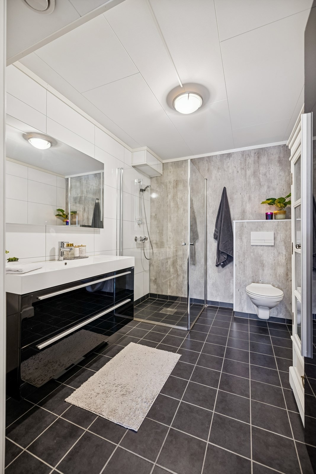 Innredning, dusjhjørne med glassdører og vegghengt toalett. Galleribilde