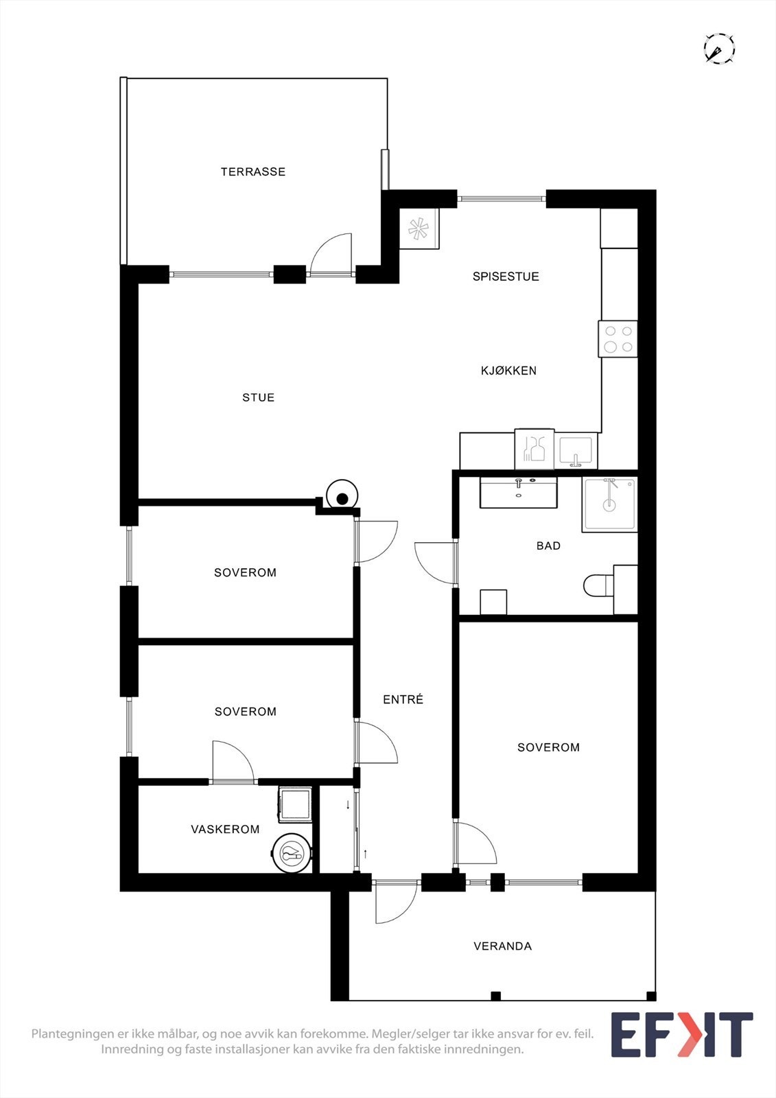 Leiligheten har en arealeffektiv planløsning med blant annet tre soverom og romslig bad. Galleribilde