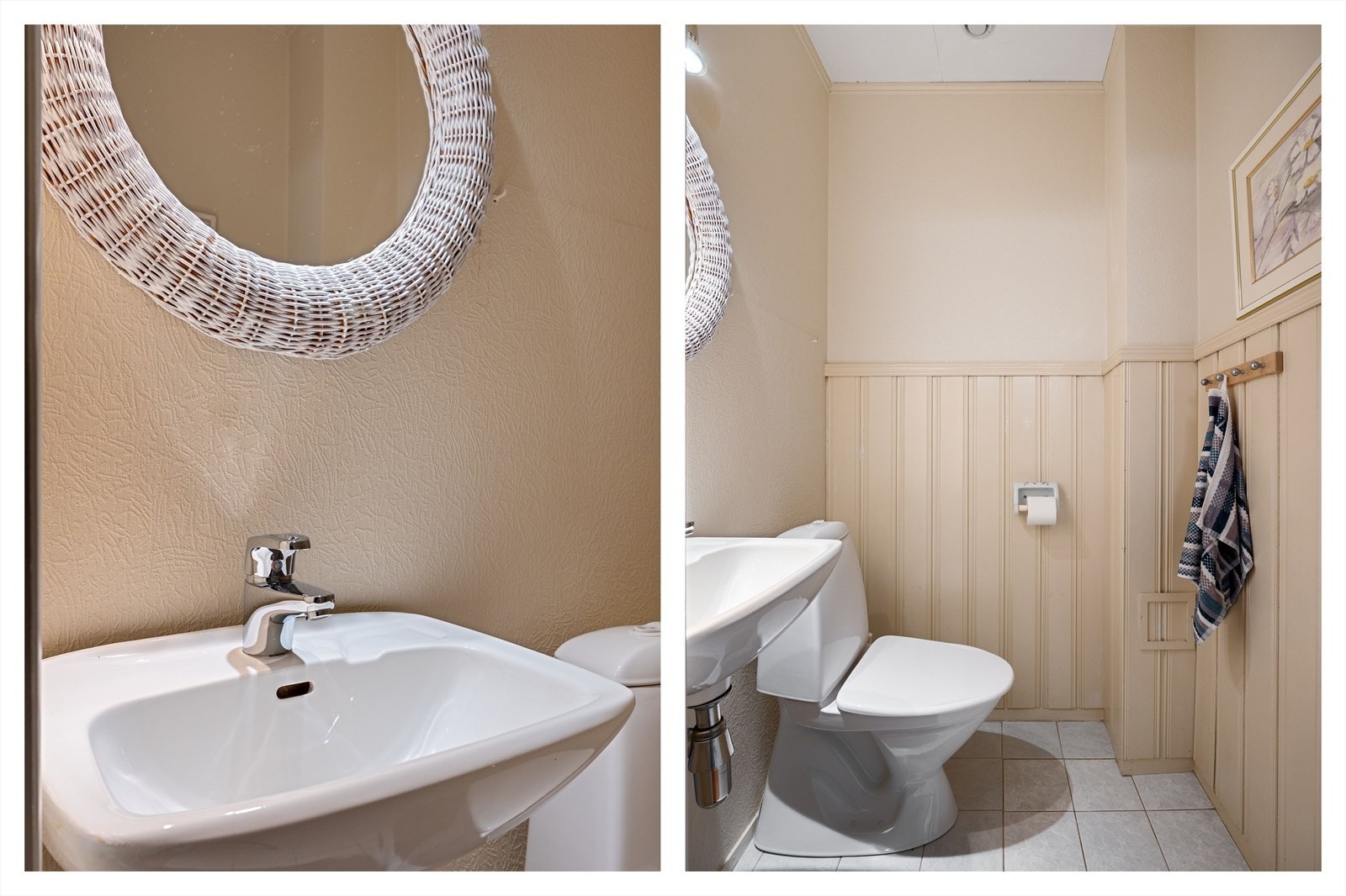 Boligens toialettrom ligger vegg i vegg med bad, og med vaskerommet på motsatt side Galleribilde