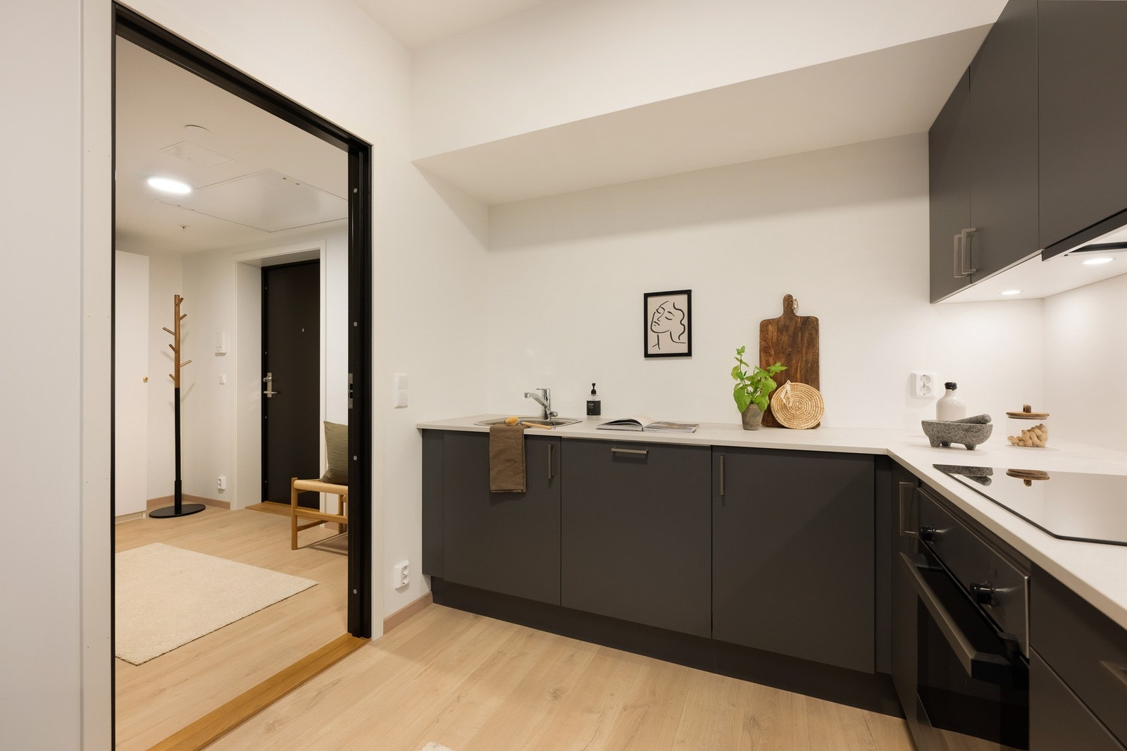 Det er slette fronter og laminat benkeplate med stål oppvaskkum. Galleribilde