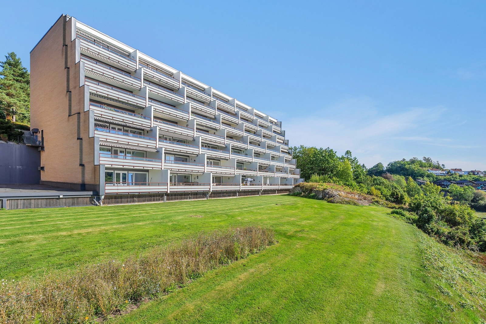 Blokka sommerstid med store plenområder foran Galleribilde