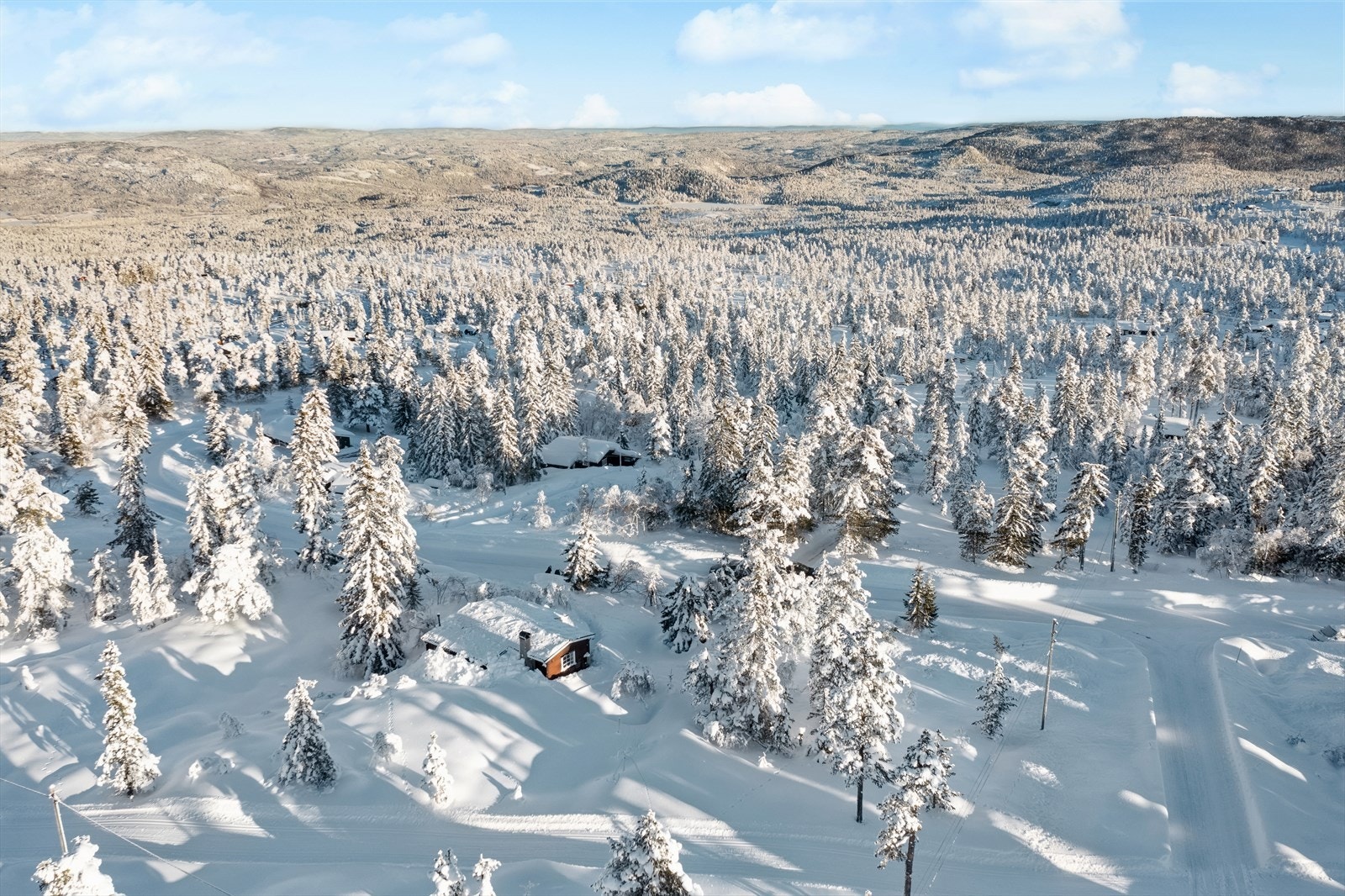 Dronefoto av hytta og nærområdet. Galleribilde