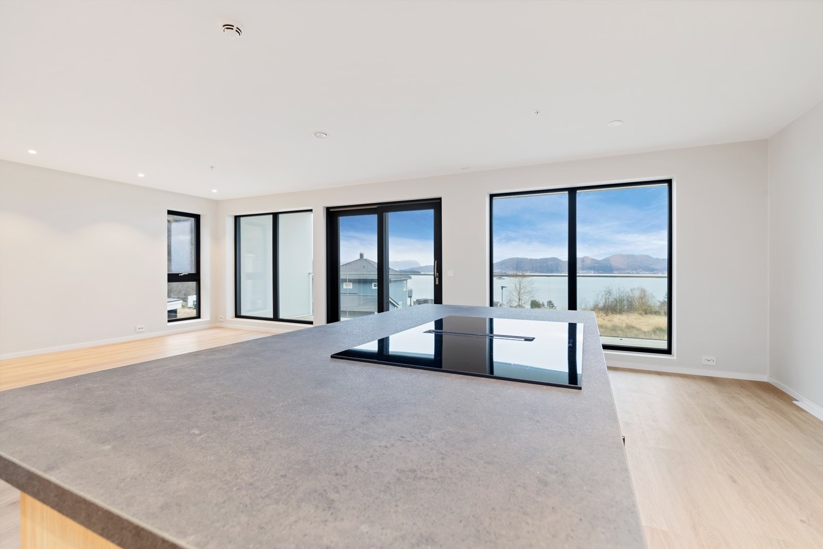 Stor kjøkkenøy med koketopp og nedfellt ventilator. Galleribilde