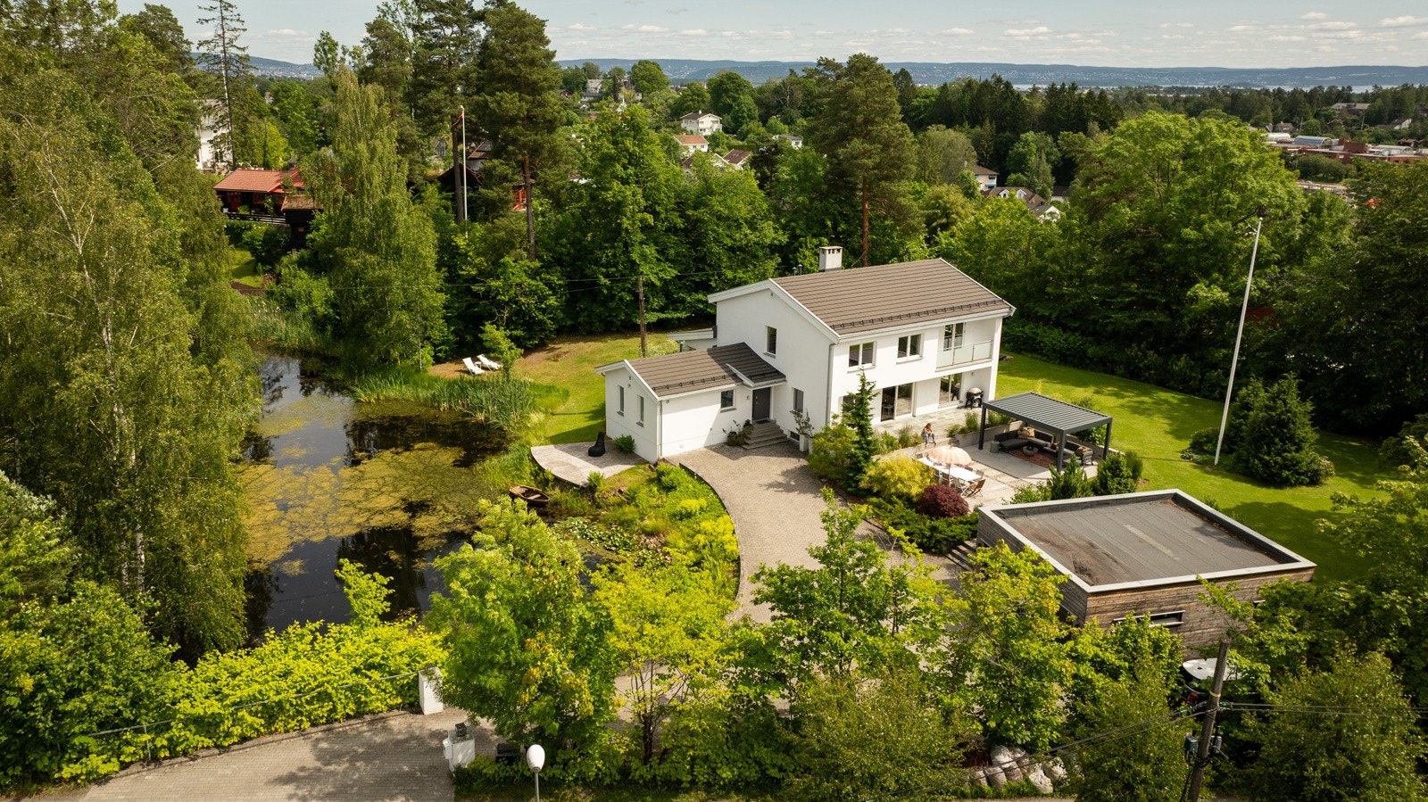 Dronebilde over eiendommen - det er totalt ca. 3.500 kvm eiet tomt Galleribilde