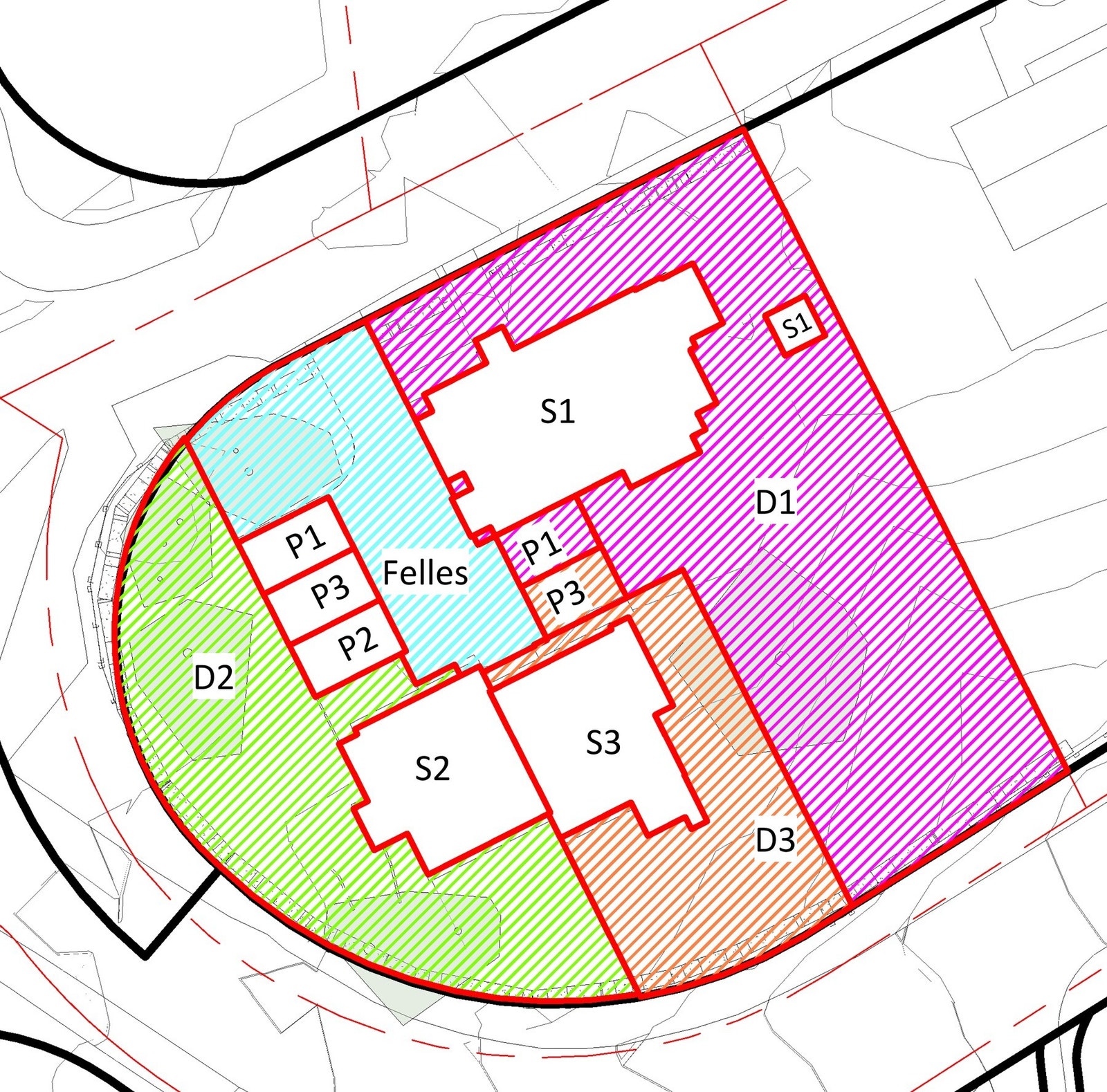 Utenomhus -fordeling av tomt iht. vedtekter. Fordeling av eksklusiv bruksrett for boligene. Galleribilde