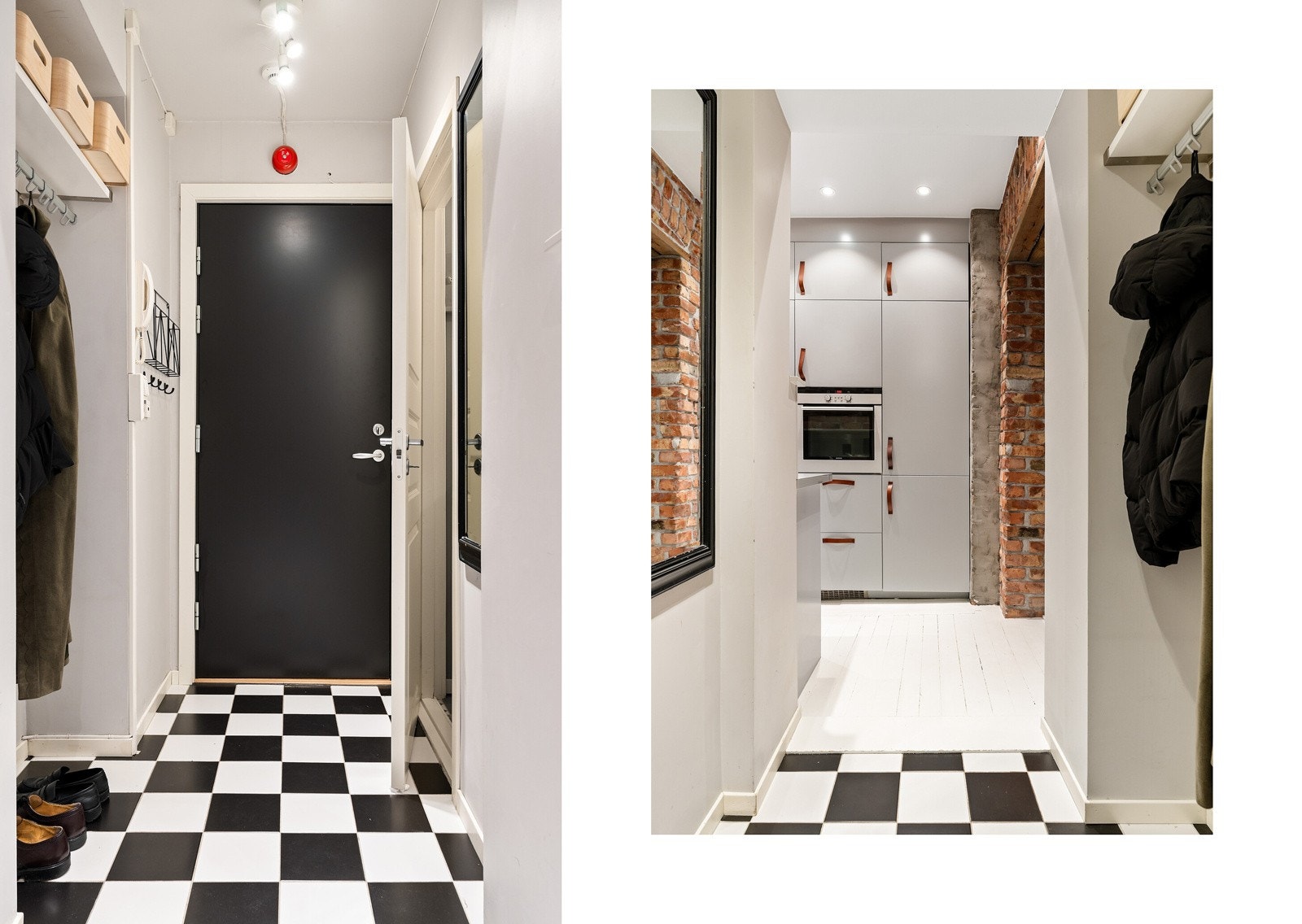 Entréen er målt til ca. 2 kvm og er innredet med knaggrekke og nisje som gir plass til både oppheng av ytterbekledning, samt skohylle. Galleribilde