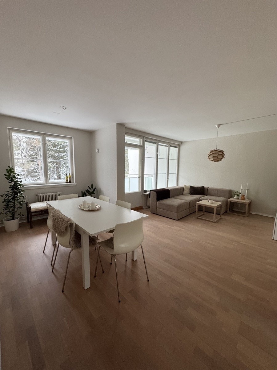 Fin og stor stue med spisebord og sofa Galleribilde