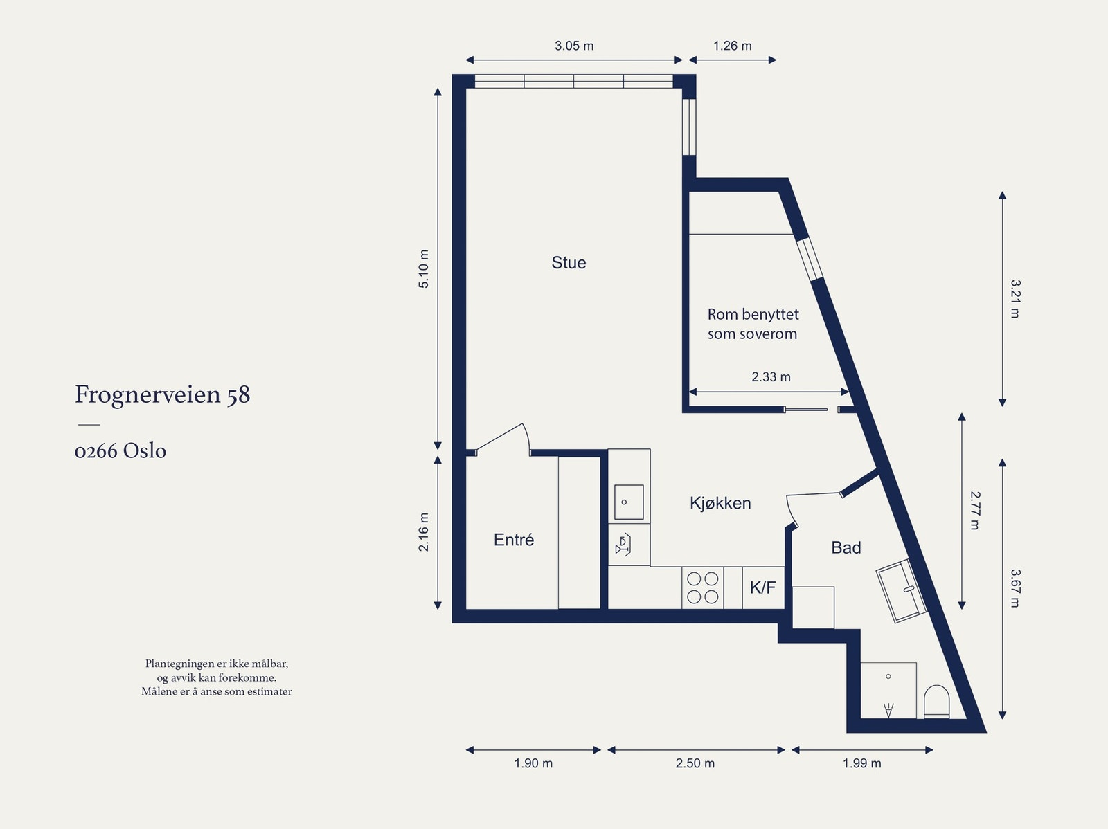 Leilighet beliggende i 6. etasje (heis) og består av entré, stue, kjøkken, rom benyttet som soverom og bad. Galleribilde