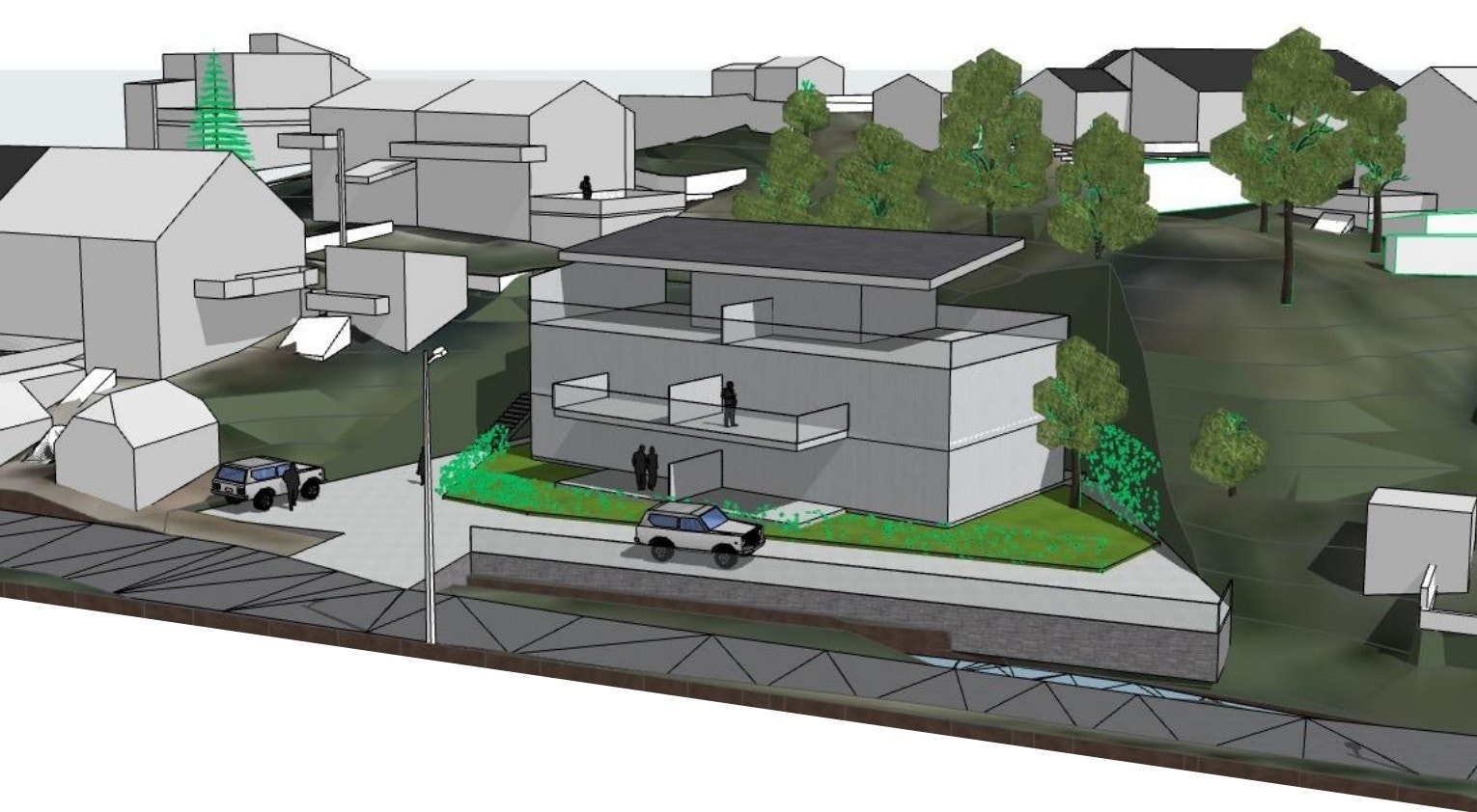Forslag til firemannsbolig med 4 leiligheter i størrelsen 83,5 m2 hver med terrasse/veranda og takterrasse. Galleribilde