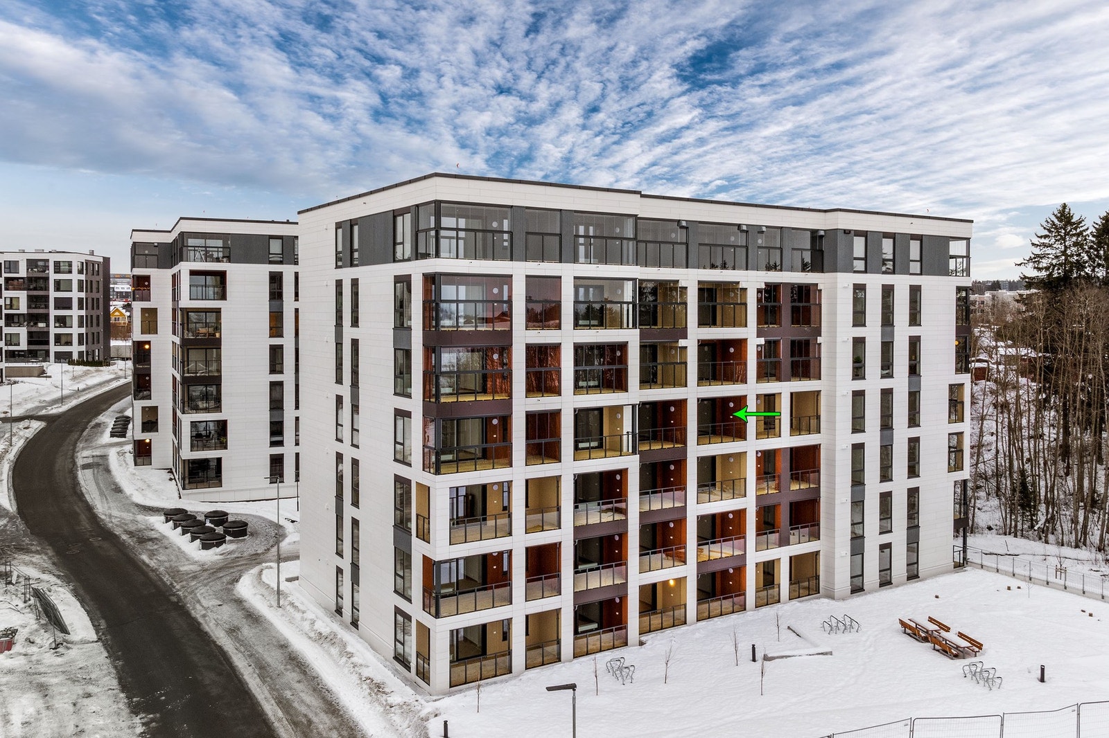 Bygg M består av 63 boligenheter, nyoppført i 2026. Galleribilde