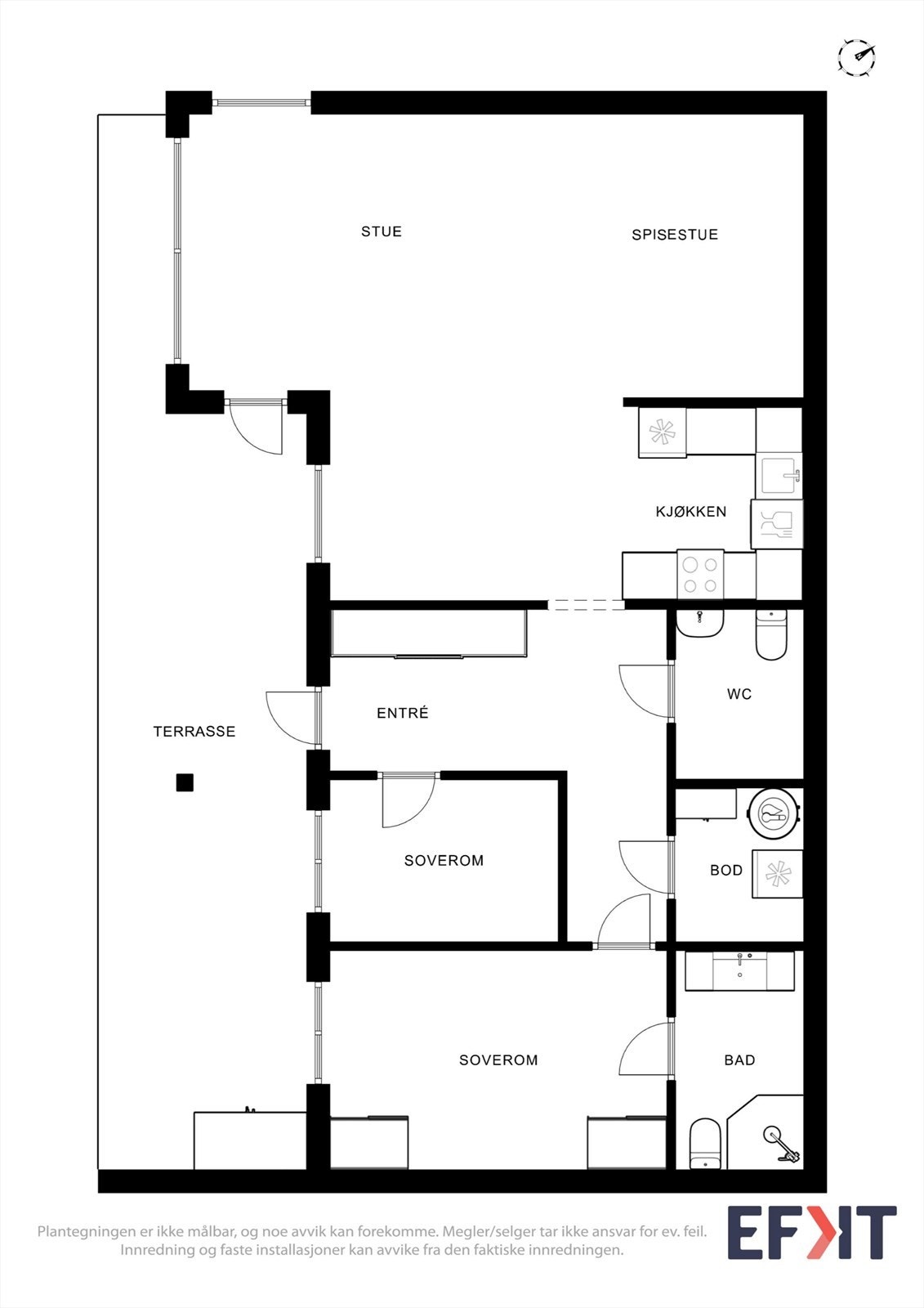 Planløsningen er arealeffektiv med to soverom, bad, separat WC og en romslig stue/kjøkken-sone med utgang til terrasse. Galleribilde