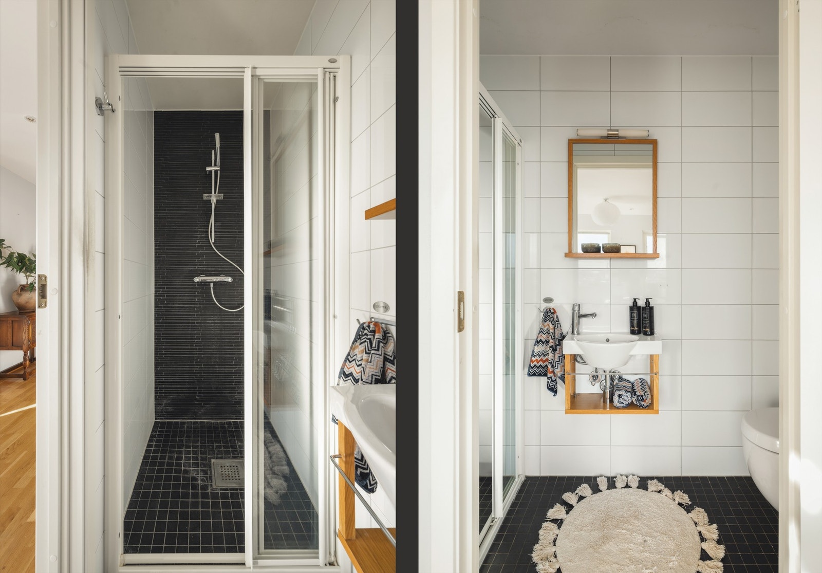 Toalettrom med vask, vegghengt toalett og dusjhjørne. Galleribilde