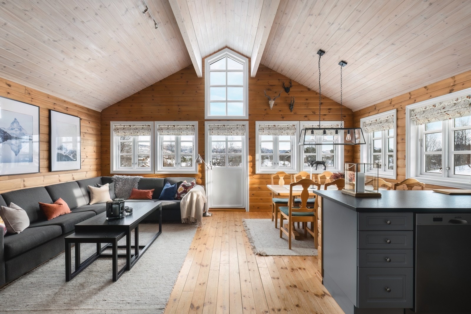 Hyggelig stue med skrå himling og store lysflater. Galleribilde