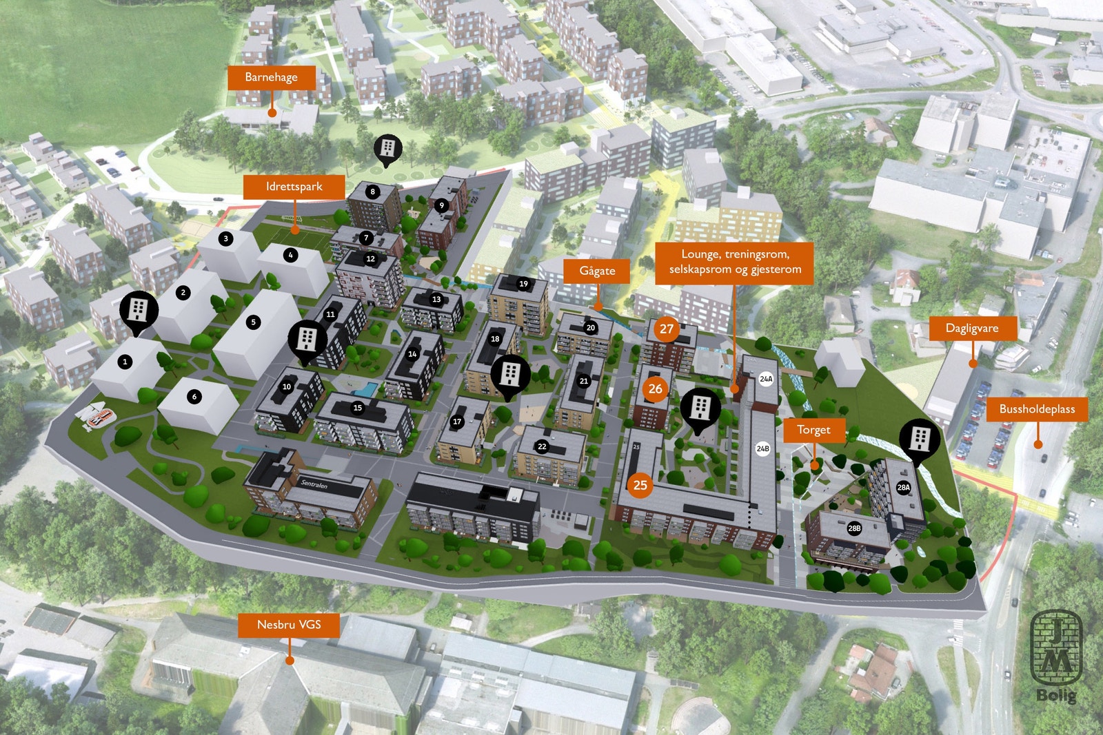 Leva Bergerløkka ligger i Hus 24A og B og har en super intern beliggenhet. Torget ligger utenfor bygget på østsiden Galleribilde