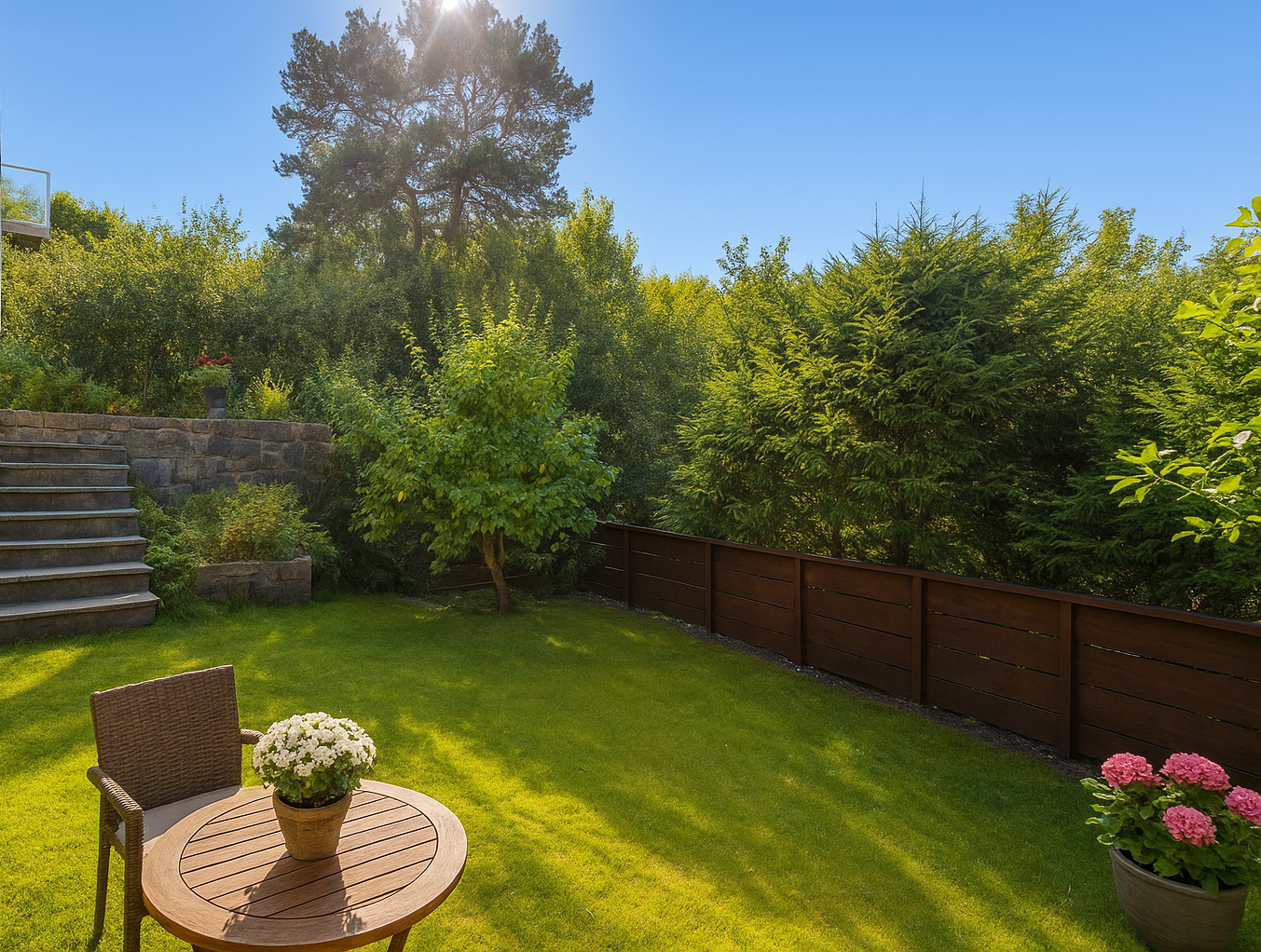 Hage med pent opparbeidede murer, trapper og beplantning. Galleribilde