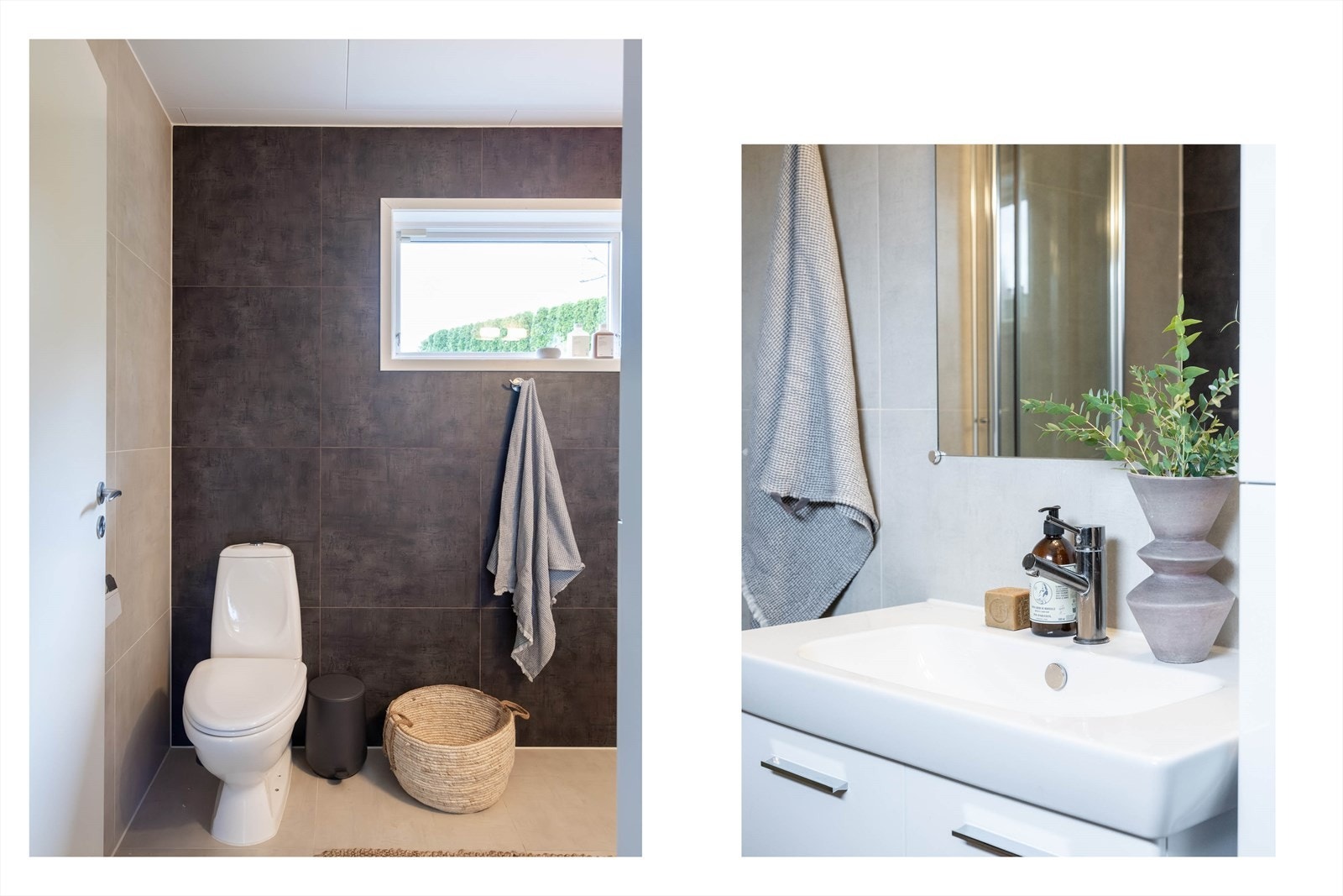 Rommet har en kombinasjon av lyse og mørke fliser på veggene som skaper pen kontrast, kombinert med lyse gulvfliser med varmekabler, som gir et moderne og tidløst uttrykk. Det er også et vindu som sikrer rommet godt med daglys. Galleribilde