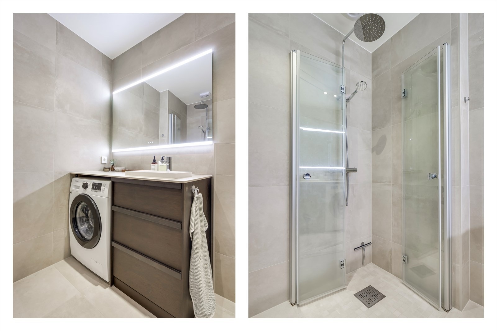 Sandfargede fliser, integrert vaskesøyle, dusjnisje med glassdører og hånddusj/regnfall Galleribilde