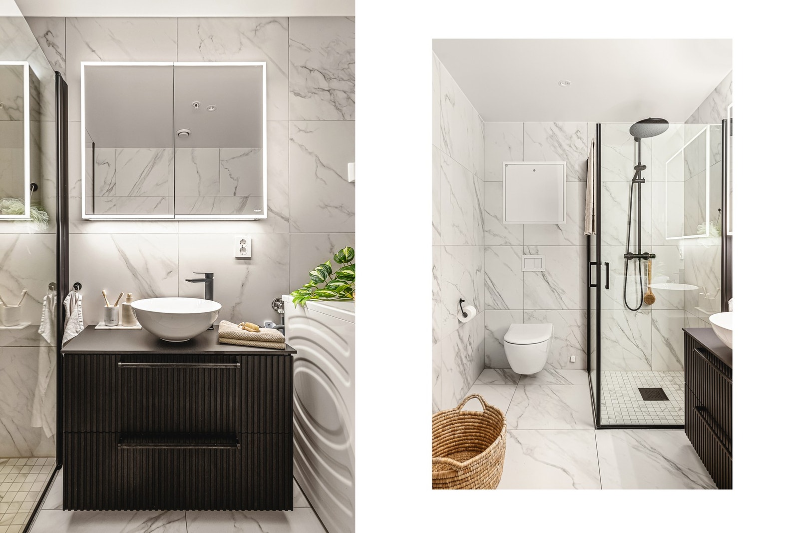 Her finner en også smartfunksjoner, som integrerte høyttalere i speilet. Et bad med skikkelig luksusfølelse!
Badet inneholder vegghengt toalett, helstøpt servant, skuffer under servant med profilerte fronter, og dusjdører i klart glass. Det er også oppleg Galleribilde