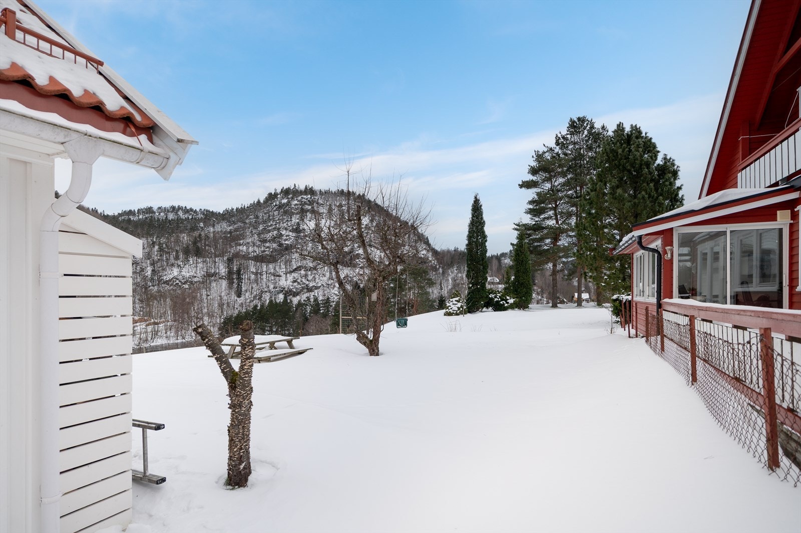 I hage bak garasjen er det espalier med bjørnebærbusker, samt bed med bringebær-, blåbær- og ripsbusker Galleribilde