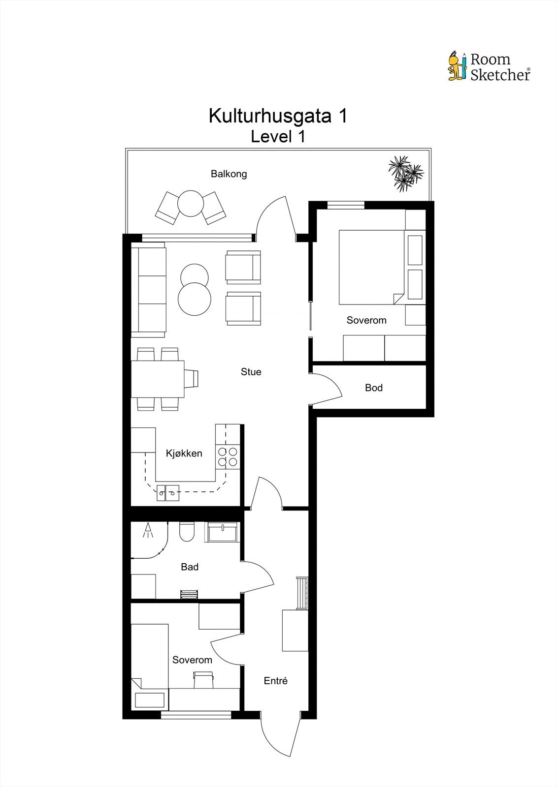 Leiligheten har en praktisk planløsning med to soverom, to bad og åpen stue-kjøkkenløsning. Galleribilde