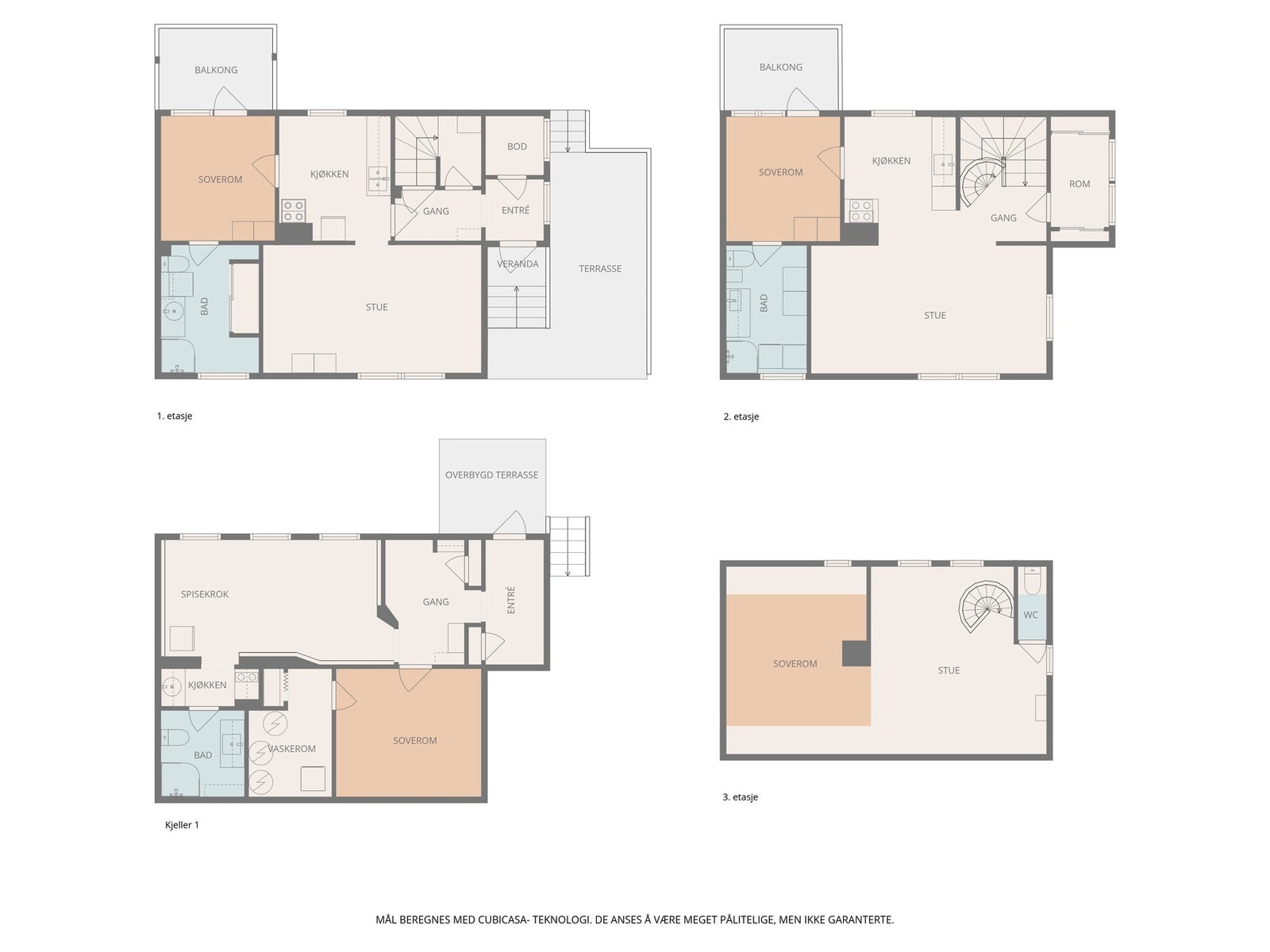 Plantegningene gir en samlet oversikt over boligens fire innholdsrike plan. Galleribilde