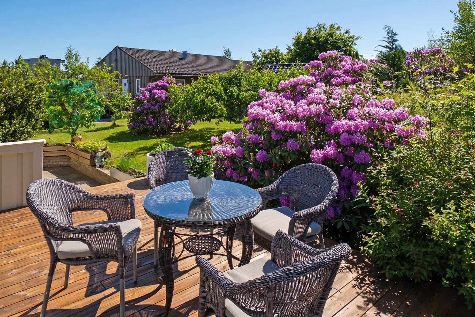 Terrasse med fantastisk hagefølelse. Nyt morgenkaffen i fredelige og grønne omgivelser. Galleribilde