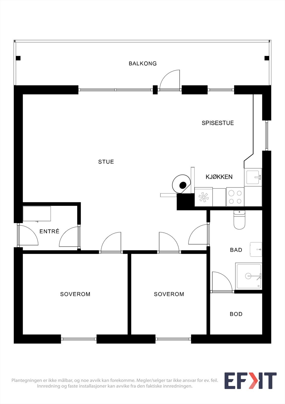 Plantegningen viser en praktisk planløsning med to soverom, bad og åpen stue/kjøkkenløsning. Galleribilde