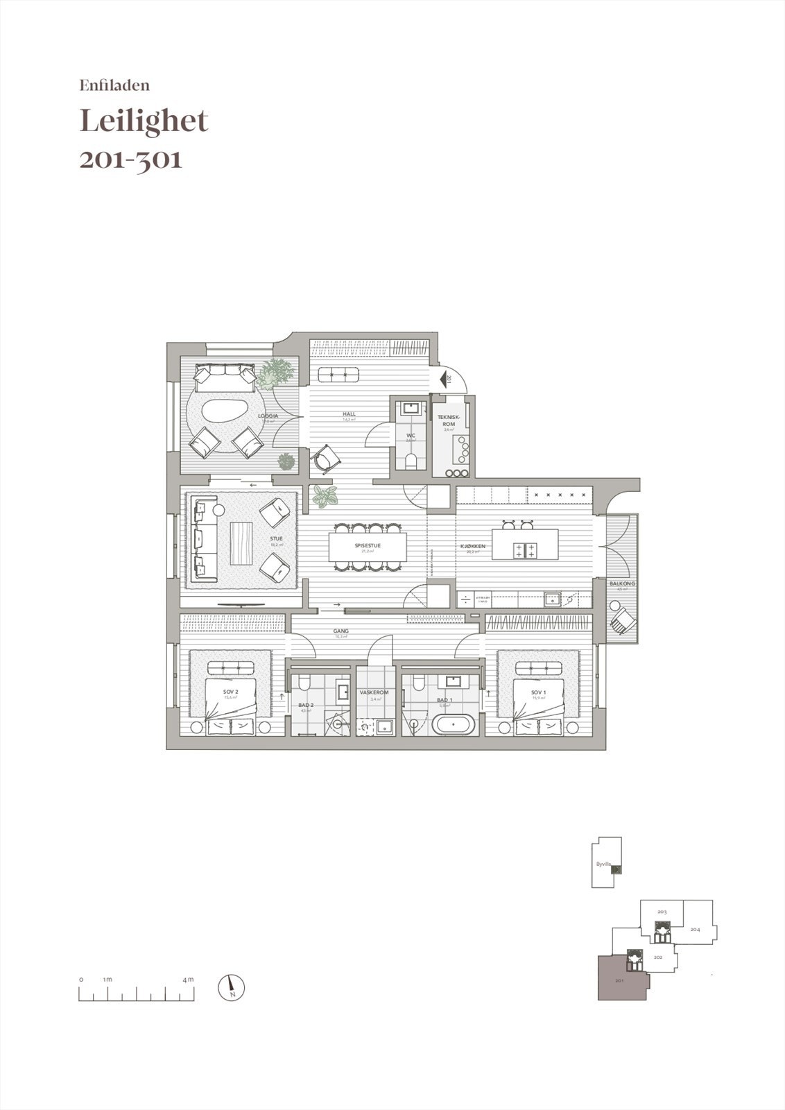 Hall, stue, spisestue, kjøkken, to store soverom, to bad, vaskerom, terrasse/loggia og balkong Galleribilde