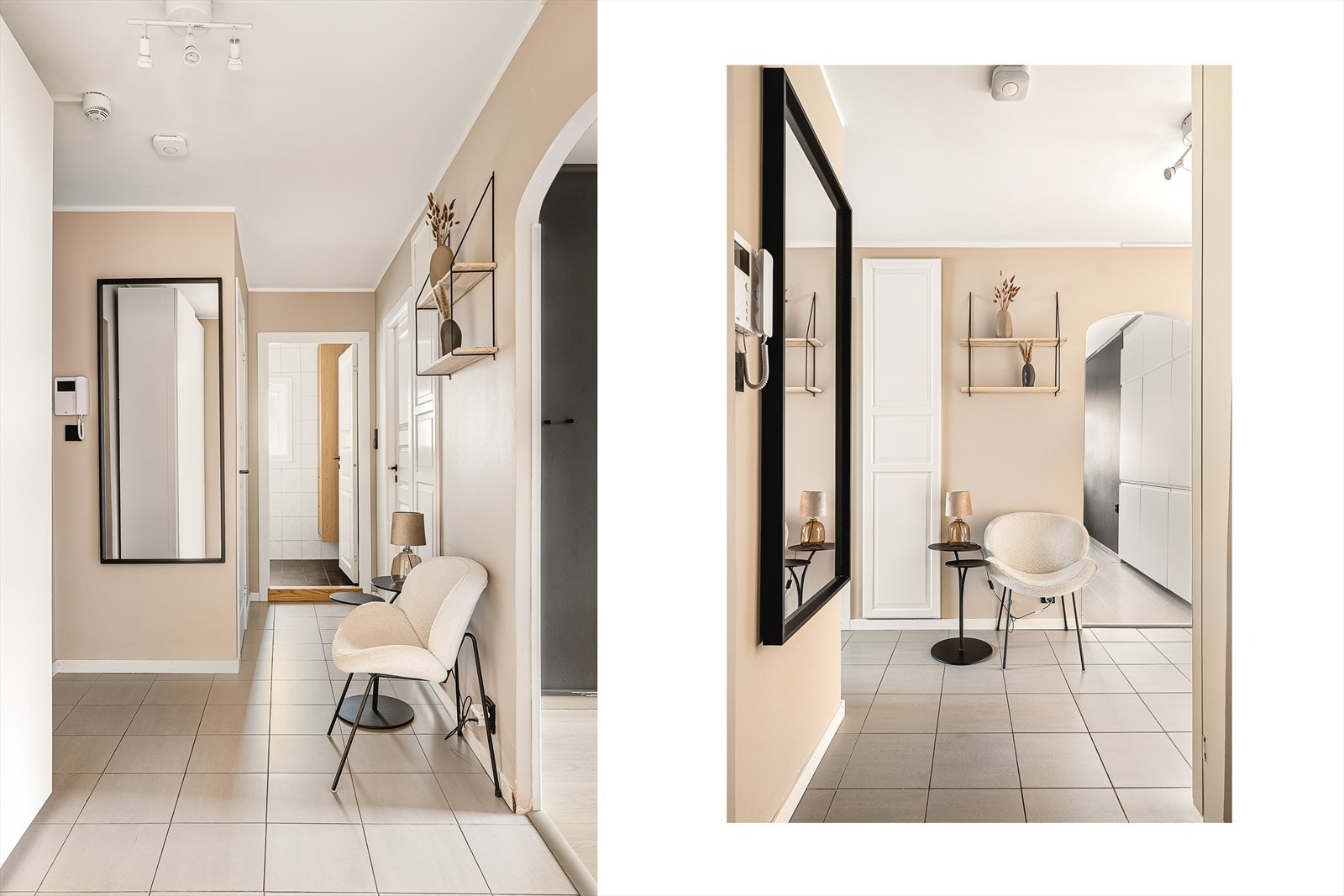 Man ønskes velkommen inn i en romslig entré/gang som gir et godt førsteinntrykk og fungerer som et naturlig knutepunkt i boligen. Her er det plass til ytterbekledning, og gangen leder videre til leilighetens øvrige rom på en oversiktlig måte. Galleribilde