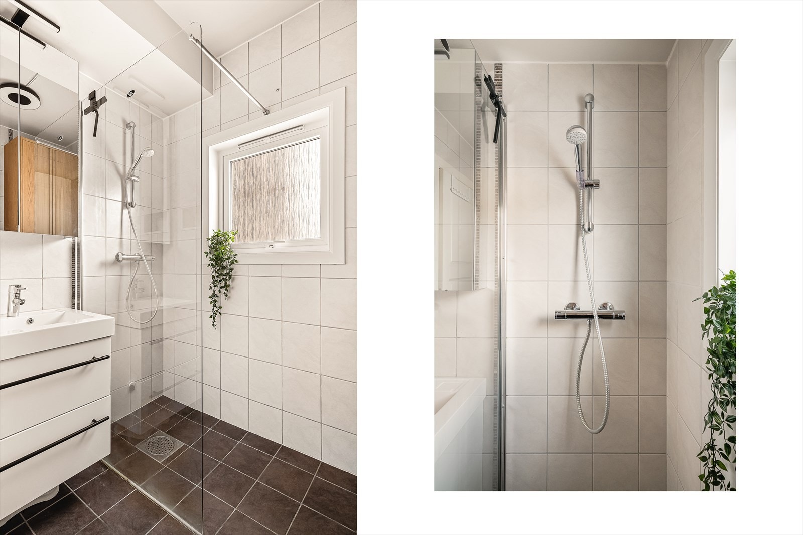 Badet er romslig og tilrettelagt for de fleste behov. Egen dusjnisje og godt med oppbevaringsplass i skuffeseksjoner. Galleribilde