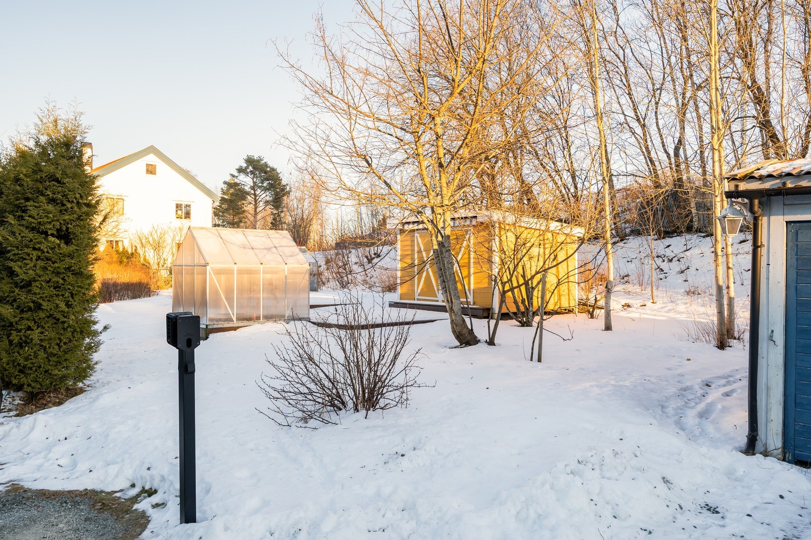 Aksjelaget har frodig grøntareal omkring bygget, og hageparseller i bakgården. Galleribilde
