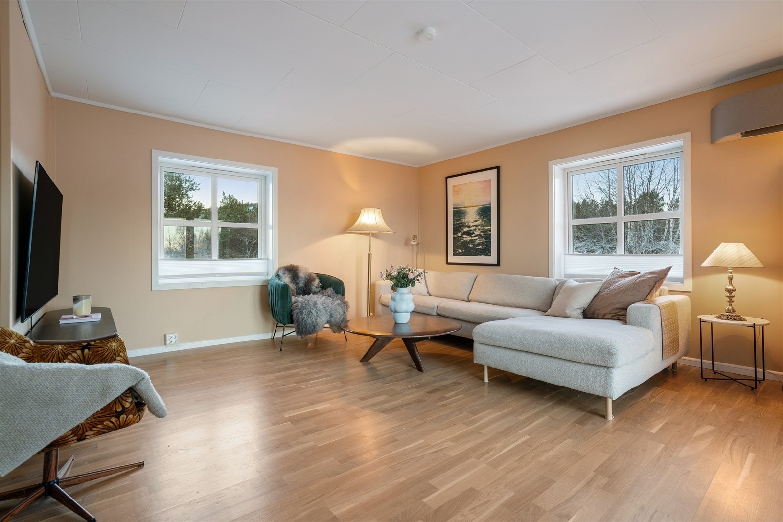 Boligen varmes opp av varmepumpe fra 2024 og vedovn. Galleribilde