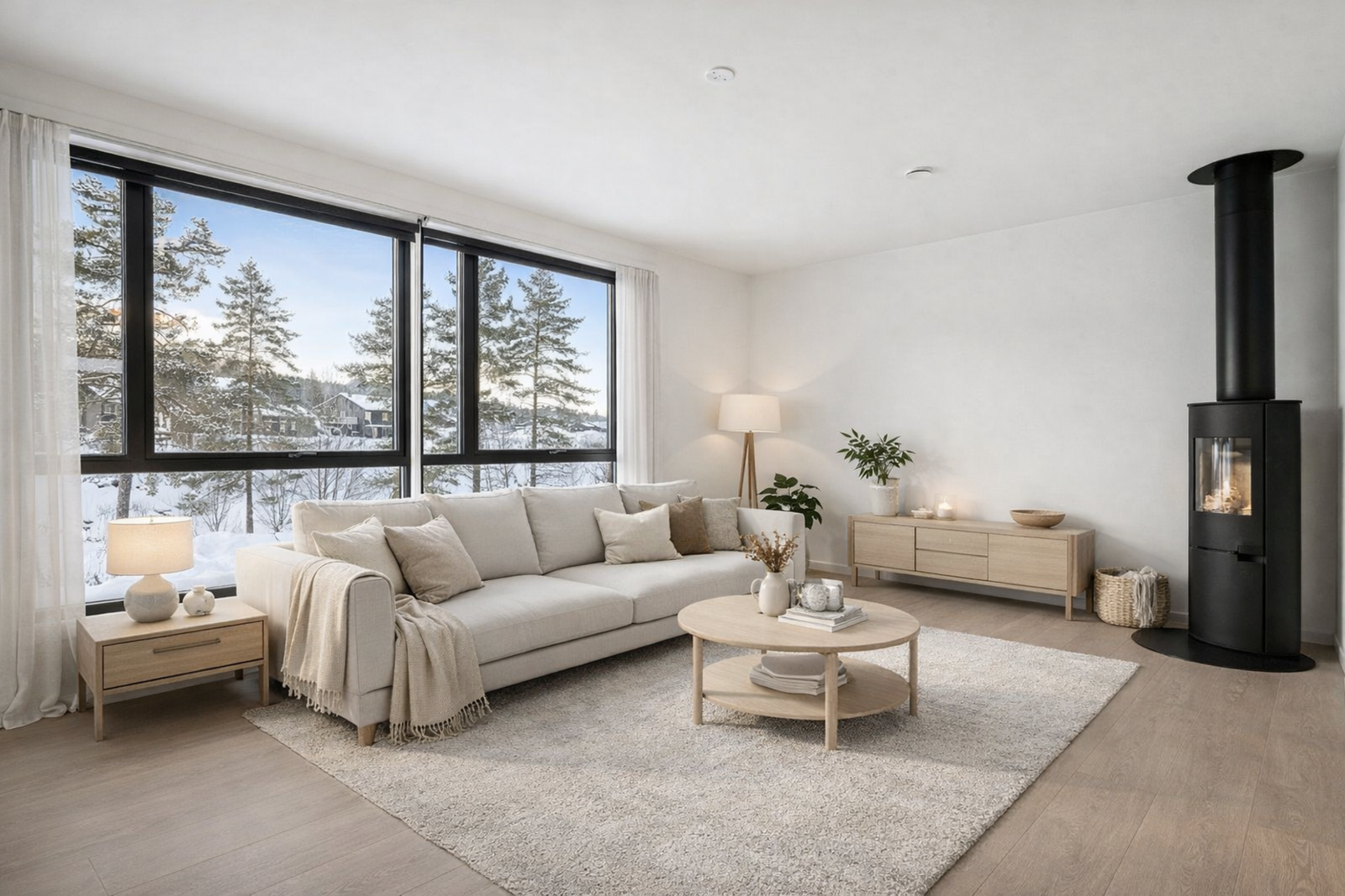 Det er kort vei til dagligvarer og bussholdeplass, samtidig som at det er gangavstand til barnehage og skole. Digital møblering gjort med AI for å gi en illustrasjon av hvordan det kan bli. Galleribilde